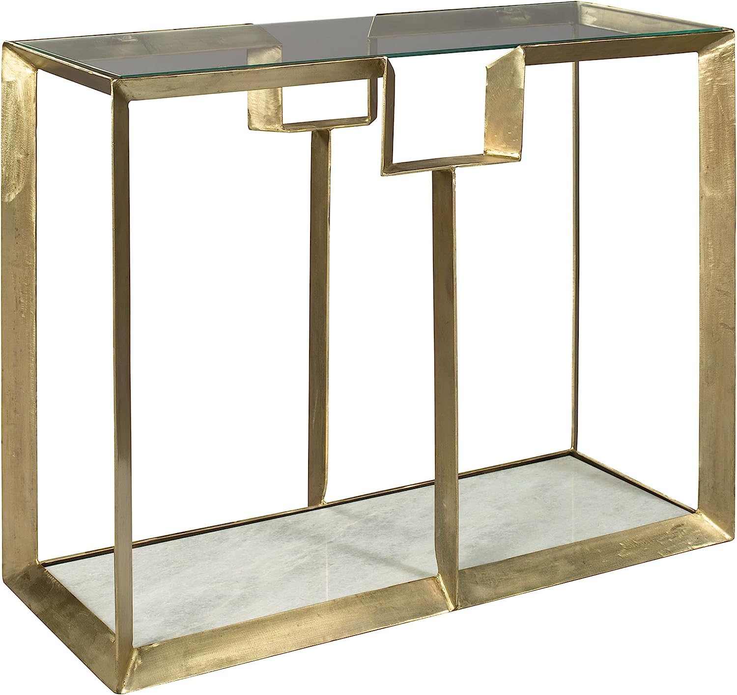 Hekman Furniture Brass Plated Console Table with Glass Top & White Marble Base - Modern Wide Belt Iron Design in Special Reserve Finish - Elegant Living Room & Entryway Decor (28408) | Perfect for Hallway, Foyer & Luxury Home Interior Design