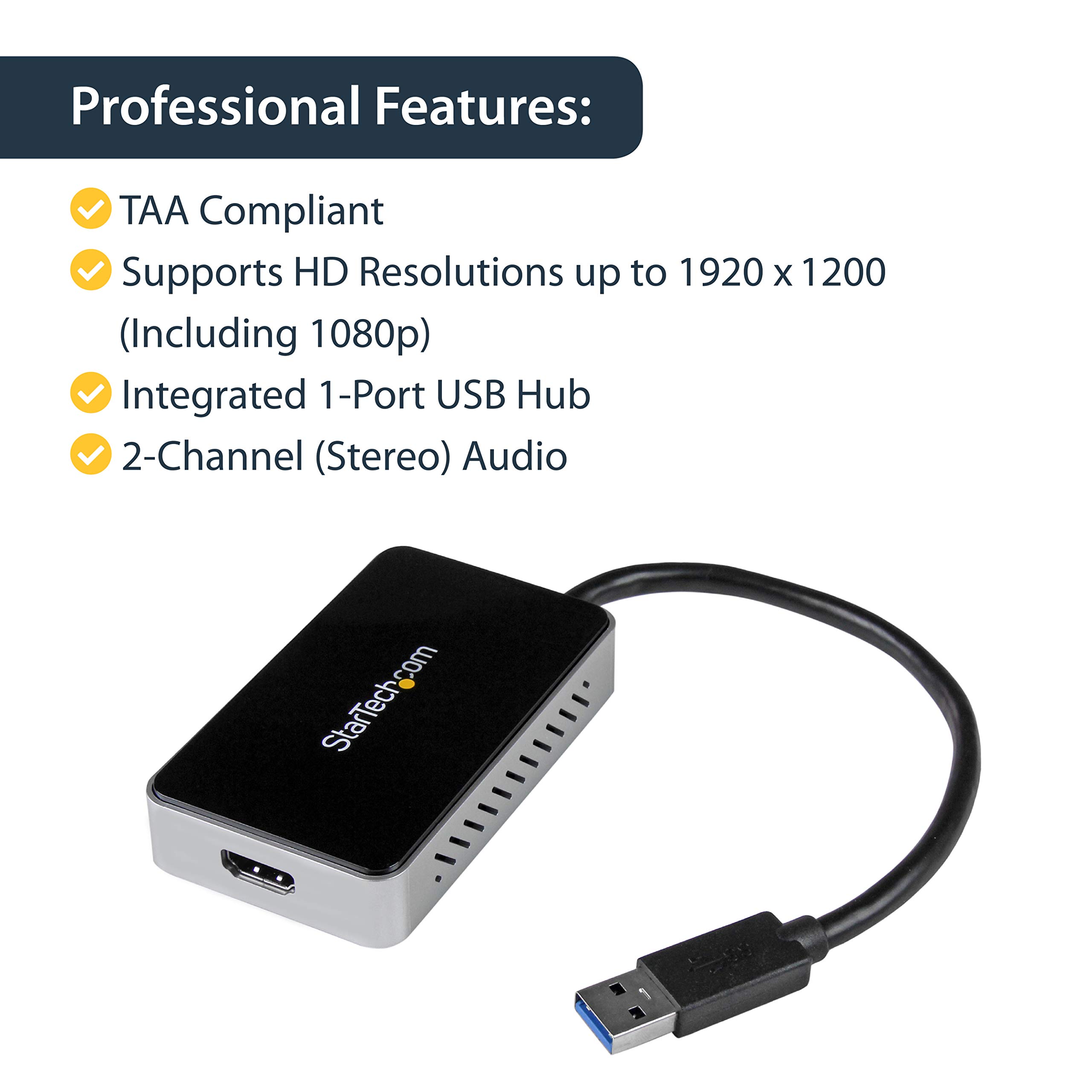 StarTech.com USB 3.0 to HDMI Adapter with 1-Port USB Hub - 1080p External Video Card for Laptops - Plug & Play USB Graphics Card for Dual Monitor Setup - Ideal for Home Office, Gaming & Presentations