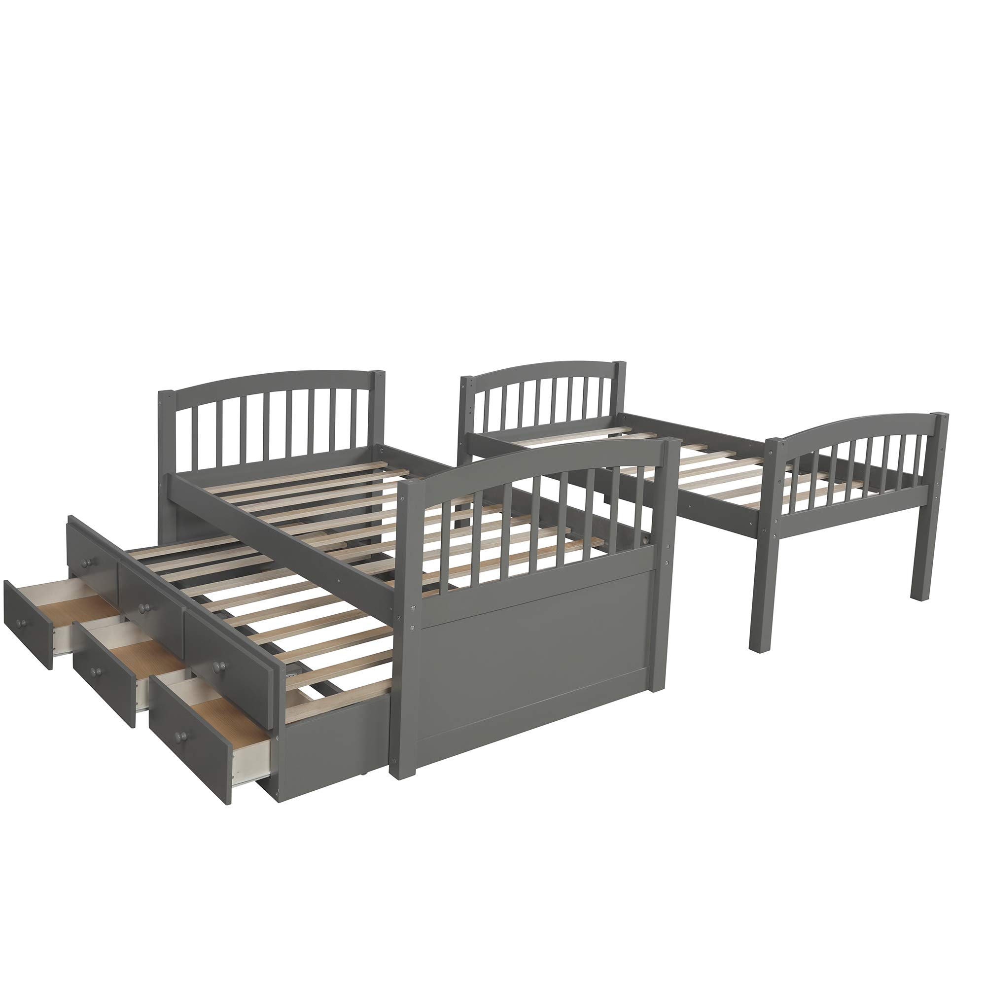 Solid Wood Twin Bunk Bed for Kids with Trundle & 3 Storage Drawers - Convertible to 2 Separate Beds, Safety Guard Rails - Space-Saving Grey Bedroom Furniture for Small Rooms, Guest Rooms & Kids' Shared Bedrooms