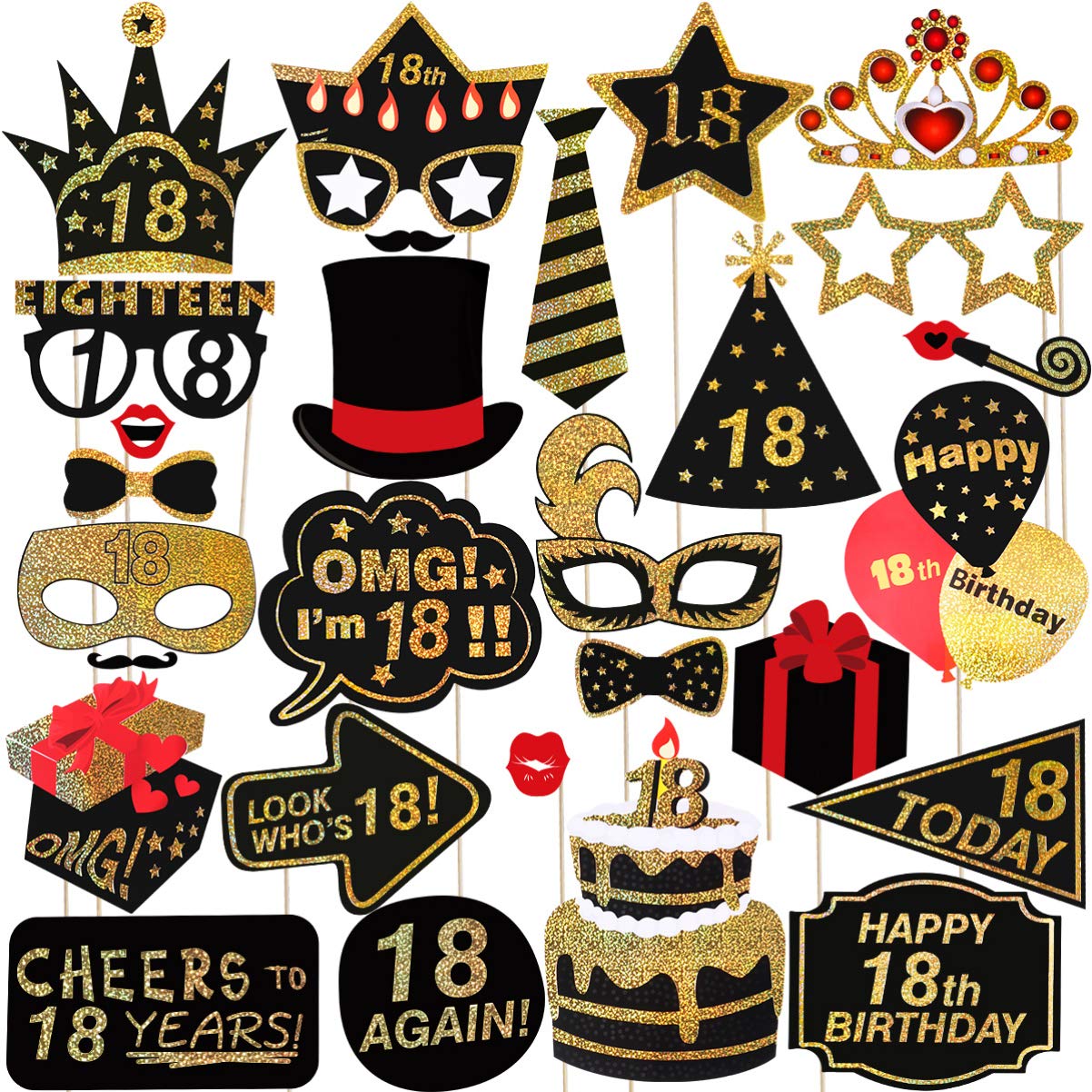 KESYOO 29-Piece Glitter 18th Birthday Photo Booth Props Kit - Black & Gold Birthday Party Decorations for DIY Photo Backdrop - Perfect for Milestone Celebrations & Instagram-Worthy Moments