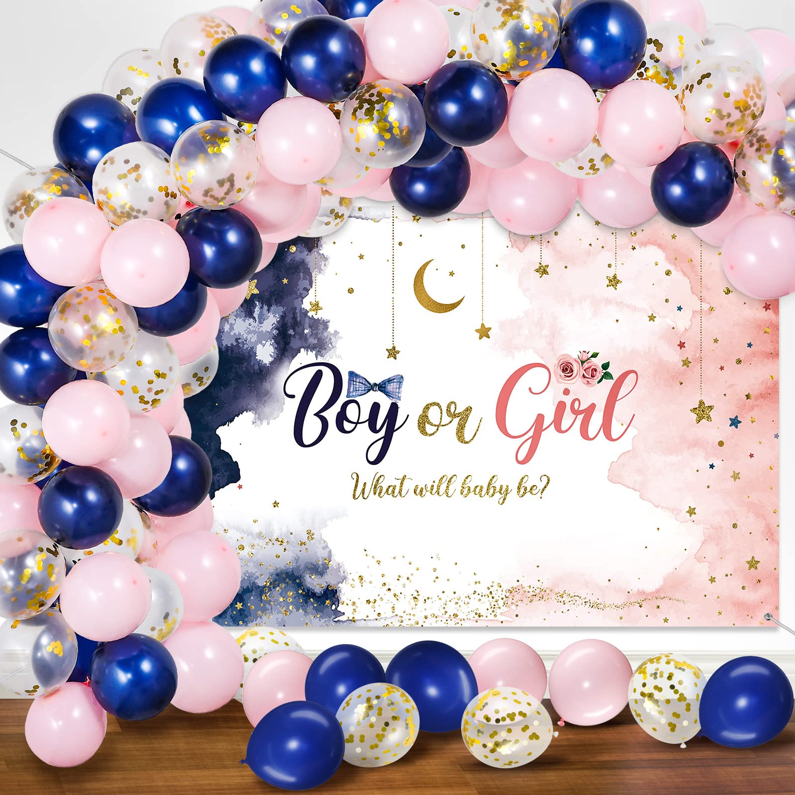 Gender Reveal Party Decorations Kit - Navy Blue & Blush Pink Balloons, Photography Backdrop Banner for Baby Shower - Boy or Girl Theme Party Supplies | Perfect for Baby Showers, Gender Reveals & Photo Sessions