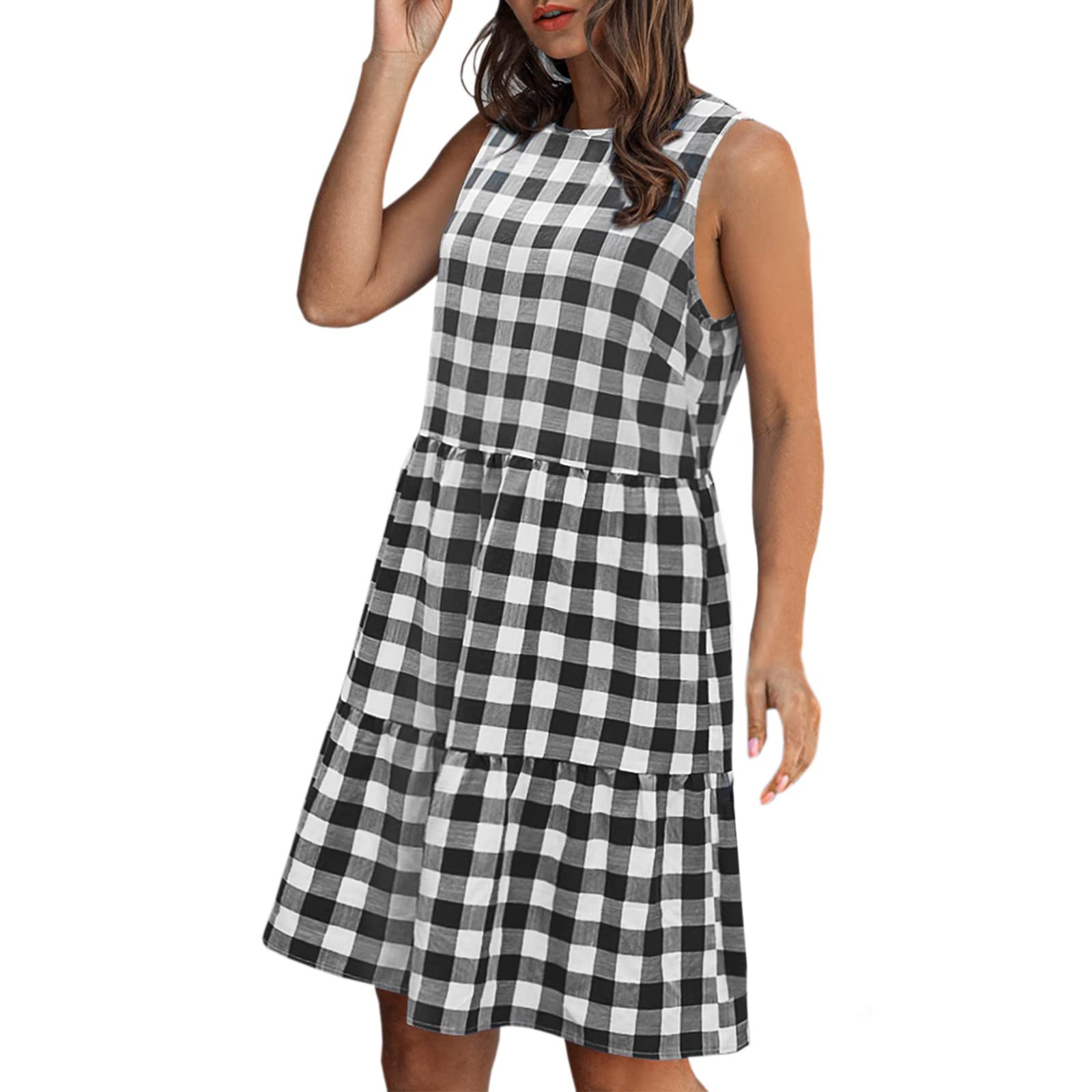 Women's Summer Plaid Print Sleeveless A-Line Swing Dress with Pockets - Ruffle Sundress Round Neck Mini Dress in Black | Casual Beach Wear, Vacation Outfit, Party Dress