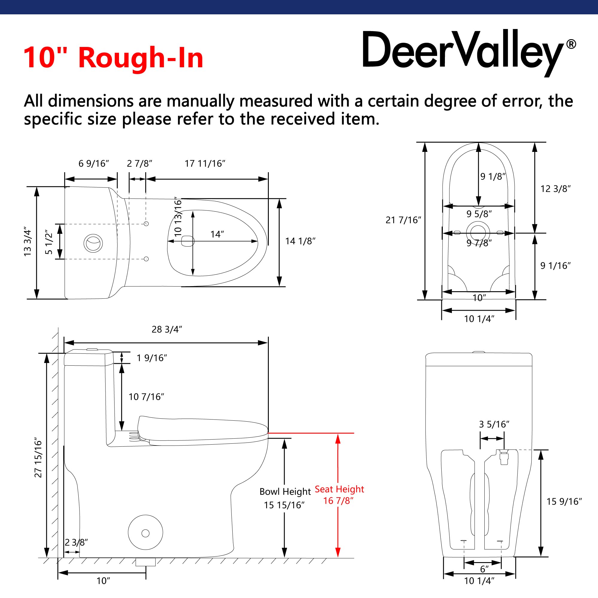 DeerValley DV-1F026R Elongated One Piece Toilet - ADA Compliant Comfort Height, Dual Flush 1.1/1.6 GPF Water Saving, Powerful & Quiet Flushing - Modern Bathroom Toilet with 10