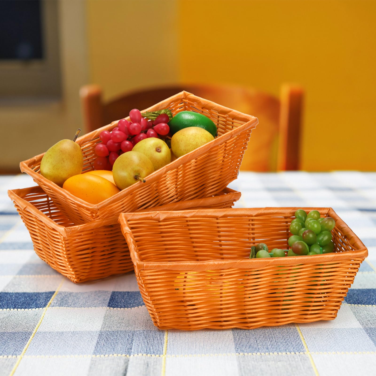 Coloch 6-Pack 12-Inch Plastic Woven Bread Baskets - Stackable Rectangle Serving Baskets for Fruits, Bread, Vegetables & Towels - Durable Imitation Rattan Design for Home, Restaurant & Outdoor Use - Perfect for Picnics, Dining Tables & Kitchen Storage