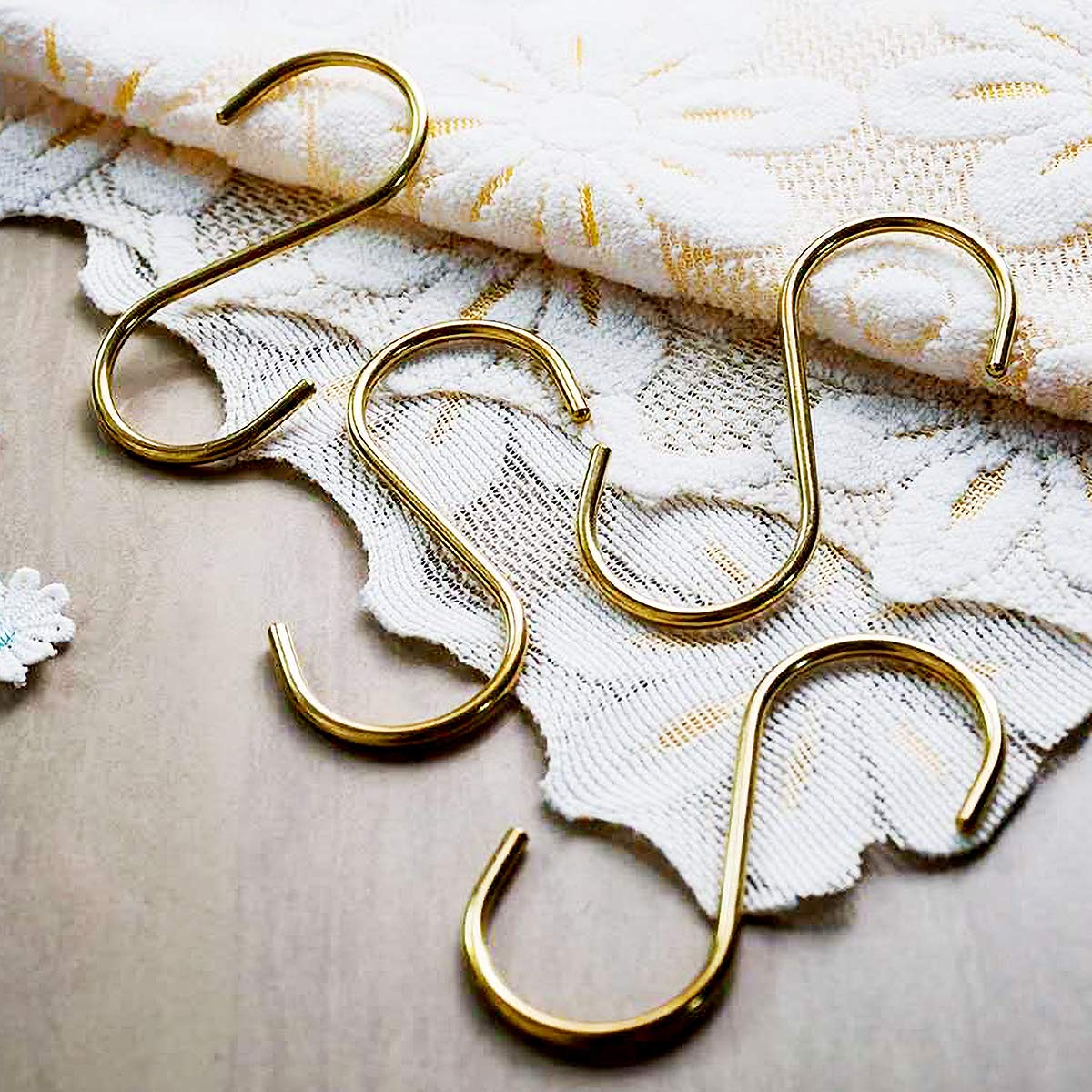 BAEYAR 4-Pack Brass S Hooks, Gold S-Shaped Hooks for Bathroom, Closet, Kitchen, Flower Basket & Outdoor Use - Heavy Duty Decorative Hanging Hooks for Towels, Plants, Keys & Home Organization