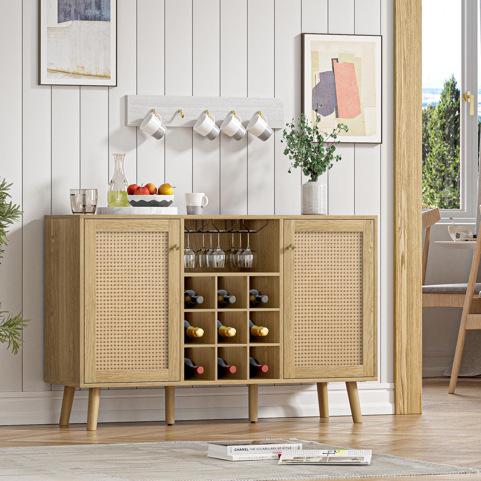 Giluta Rattan Wine Bar Cabinet with 2 Doors - Farmhouse Liquor Storage with Wine Rack & Glass Holder - Rustic Oak Sideboard Buffet for Living Room, Dining Room & Kitchen - Perfect for Home Entertaining & Wine Display