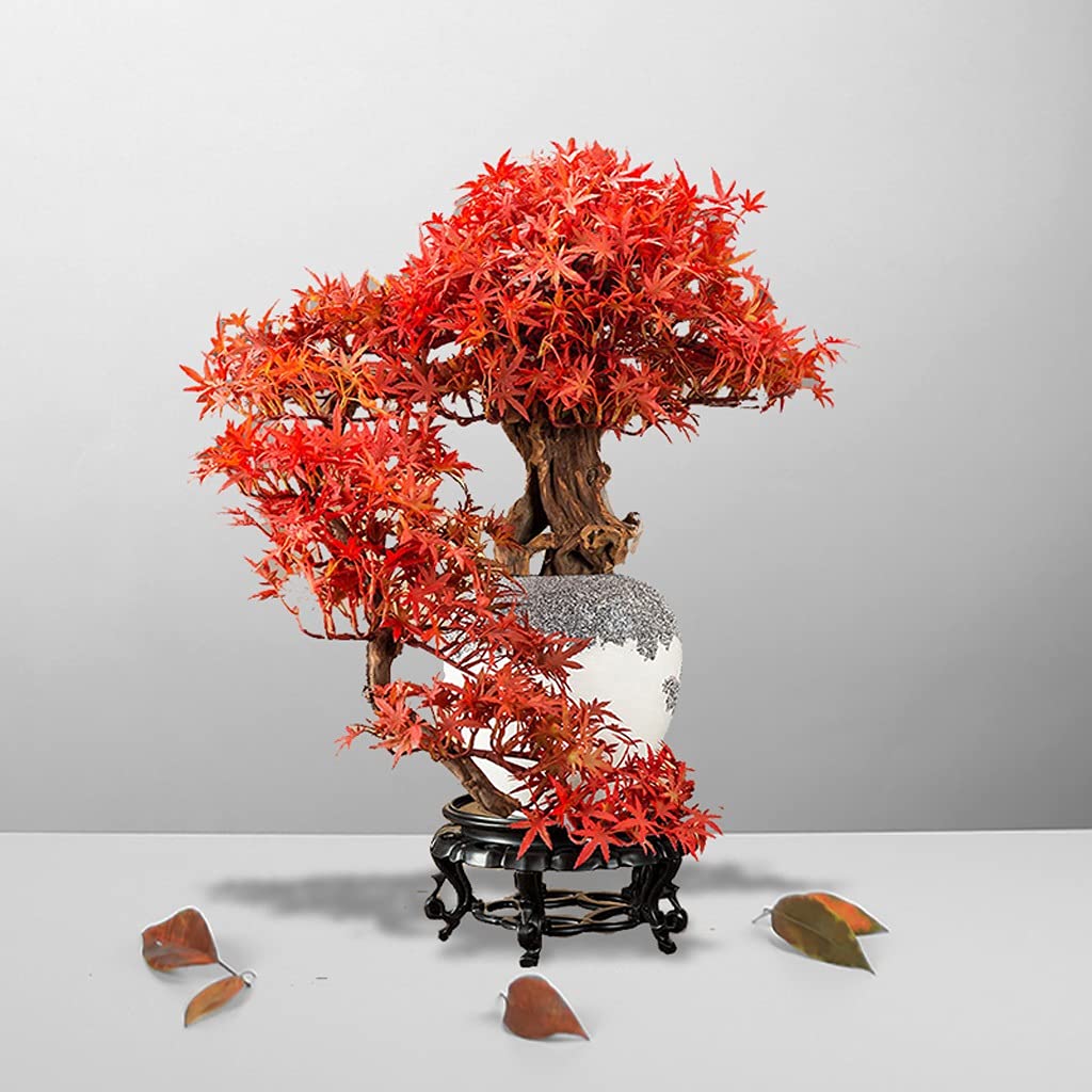 23.6 Inch Artificial Bonsai Tree - Faux Potted Pine & Red Maple Leaf Plant for Home & Office Decor | Perfect for Living Room, Desk, Shelf Display & Zen Garden Decorations
