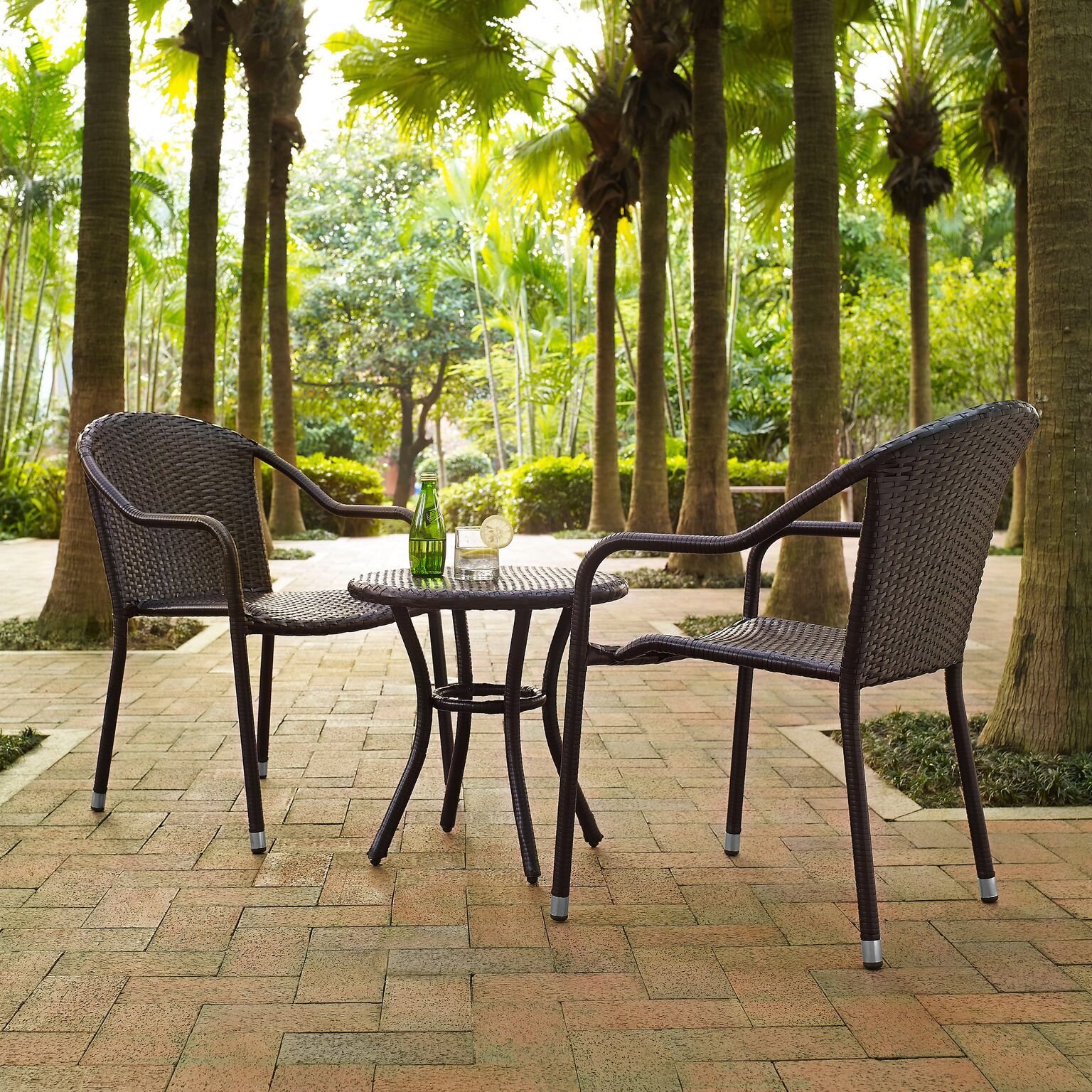 Crosley Palm Harbor 3-Piece Wicker Patio Set with Side Table & 2 Stackable Chairs - Brown Rattan Outdoor Furniture for Garden, Poolside & Backyard Relaxation