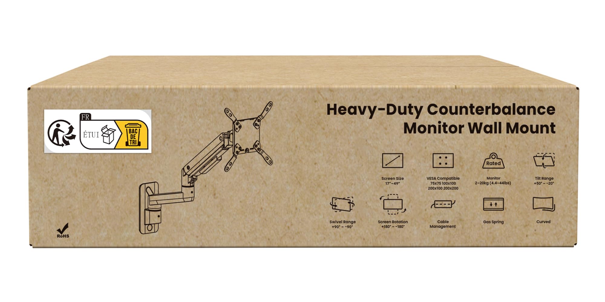 PUTORSEN Premium Ultrawide Monitor Wall Mount 17-49 inch - Heavy Duty Single Monitor Arm Supports up to 44lbs - Fully Adjustable VESA 75/100/200 Wall Mount Stand (Black) - Perfect for Home Office, Gaming Setup & Workspace Ergonomics