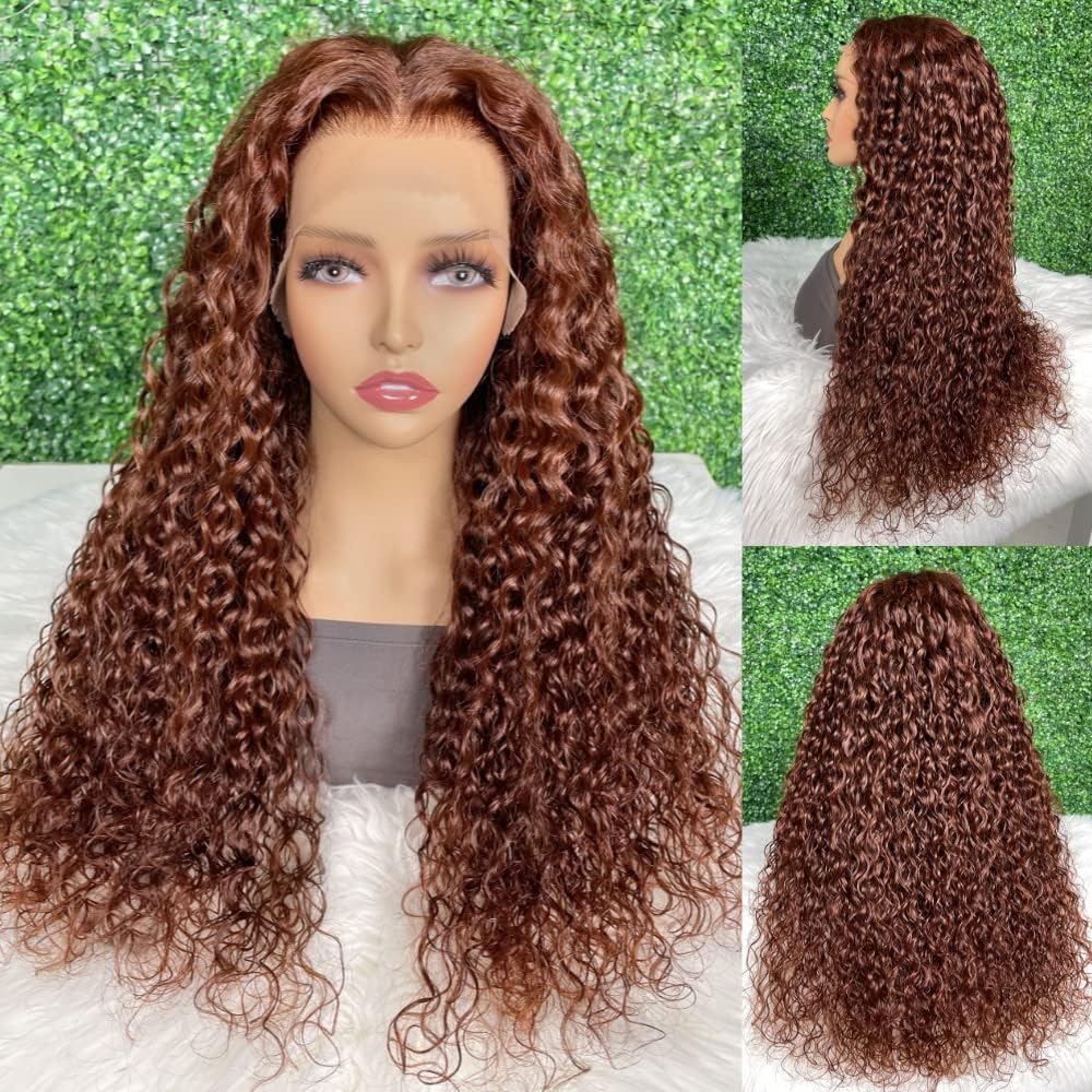 Julia Hair Reddish Brown Water Wave 13x4 Lace Front Wig Human Hair for Women | HD Lace Frontal Wig #33B Auburn Copper Red | Pre-Plucked with Baby Hair | 180% Density | 20 Inch | Perfect for Daily Wear, Cosplay & Special Occasions