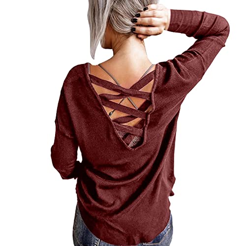 Women's Cross Backless Long Sleeve T-Shirt - Fashion Casual V-Neck Pullover Blouse with Print Design (Wine, Large) | Perfect for Layering, Office Wear & Evening Outfits