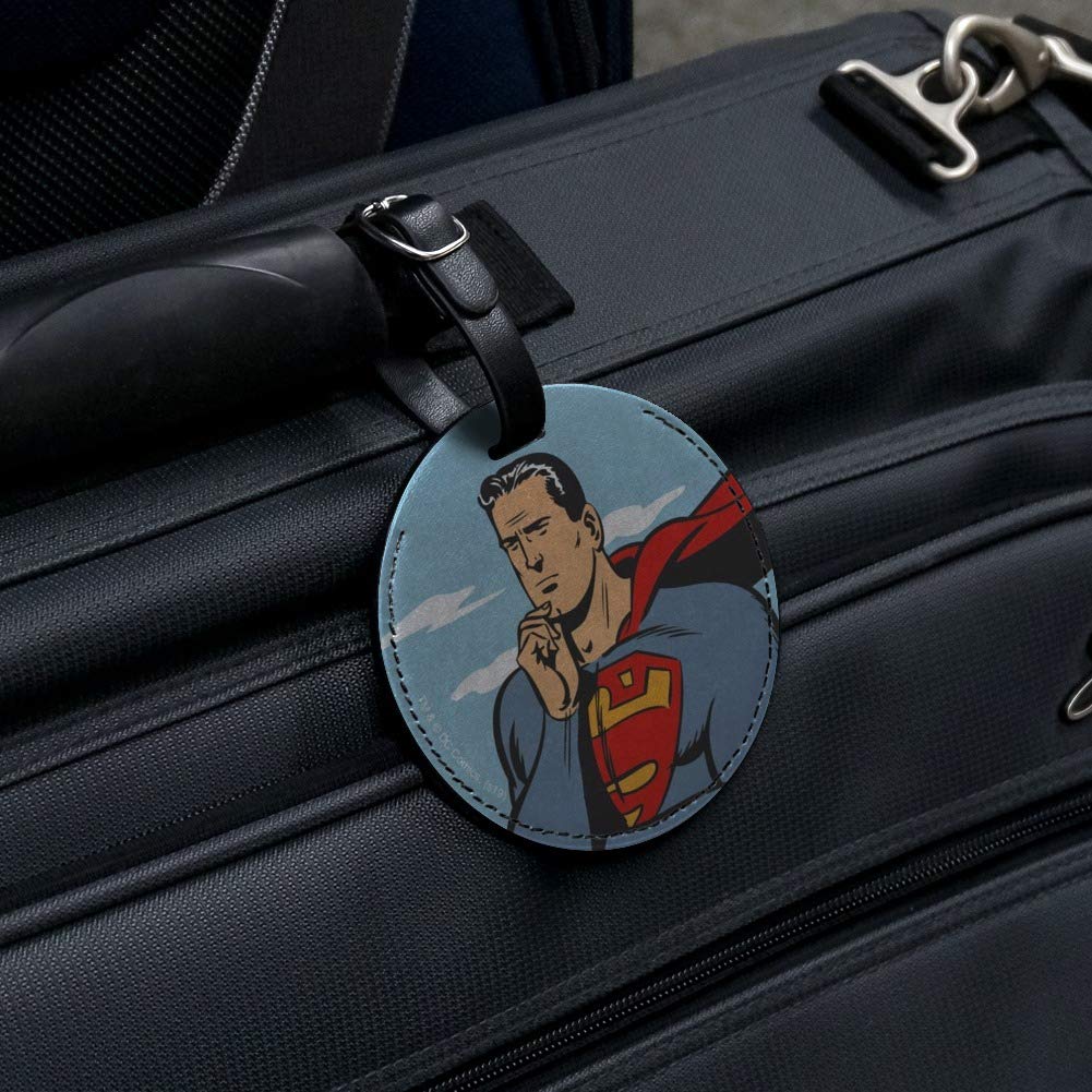 Superman Thinking Round Leather Luggage Tag - Durable Carry-On ID Card Holder for Suitcases - Perfect for Travel, Business Trips & Vacation Identification