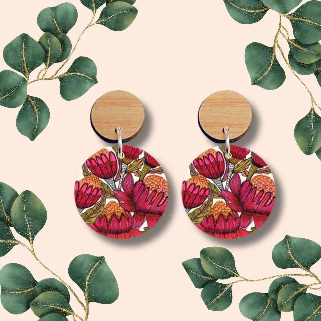 Handmade Australian Waratah Flower Wooden Earrings - Unique Boho Dangle Earrings for Women - Perfect for Festivals, Weddings & Everyday Wear