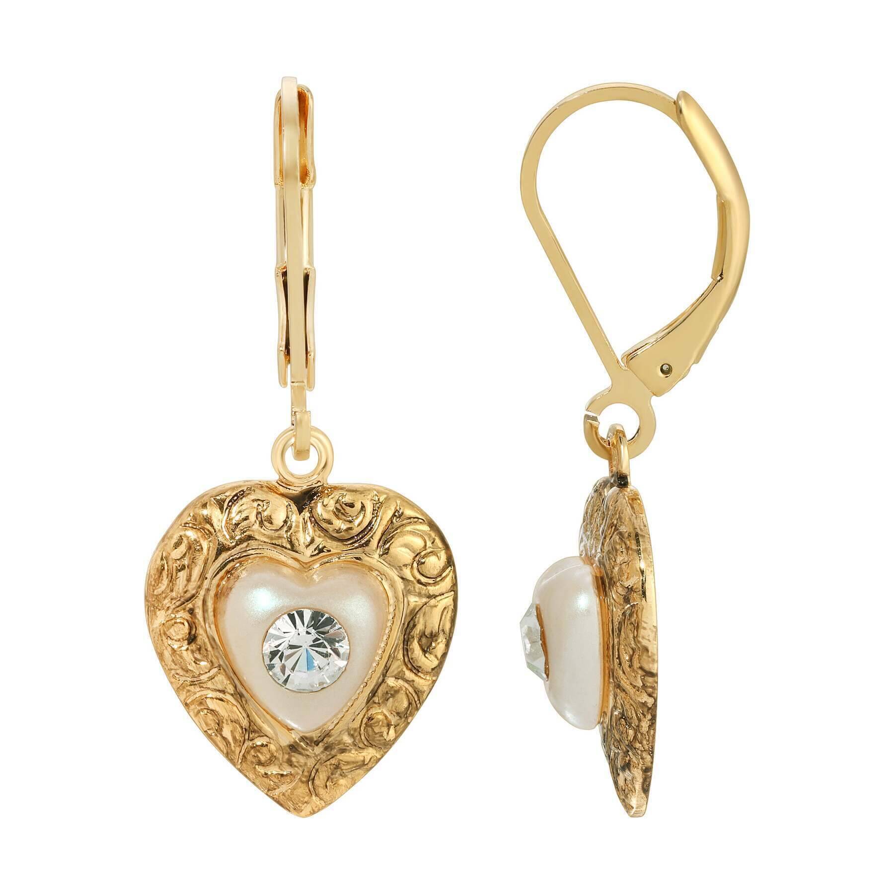 1928 Jewelry Faux Pearl Heart & Crystal Drop Earrings - Vintage Style Dangle Earrings for Women, Perfect for Weddings, Parties & Special Occasions