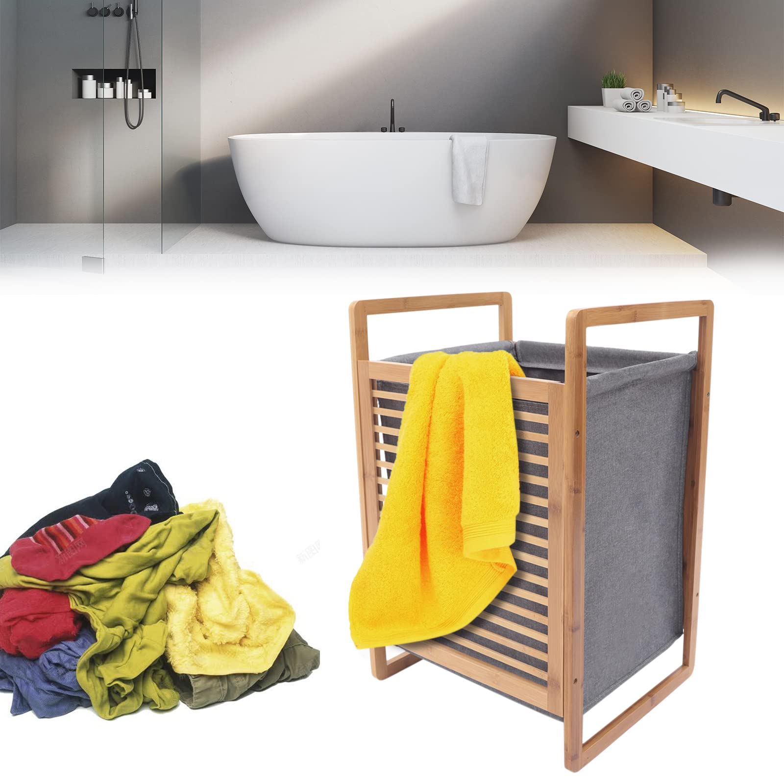 Portable Bamboo Laundry Hamper with Lid & Handles - Freestanding Clothes Organizer for Bedroom, Bathroom & Laundry Room - Foldable Dirty Clothes Storage Basket with 1 Section & Floor Stand - Ideal for Home, Dorm & Apartment Organization