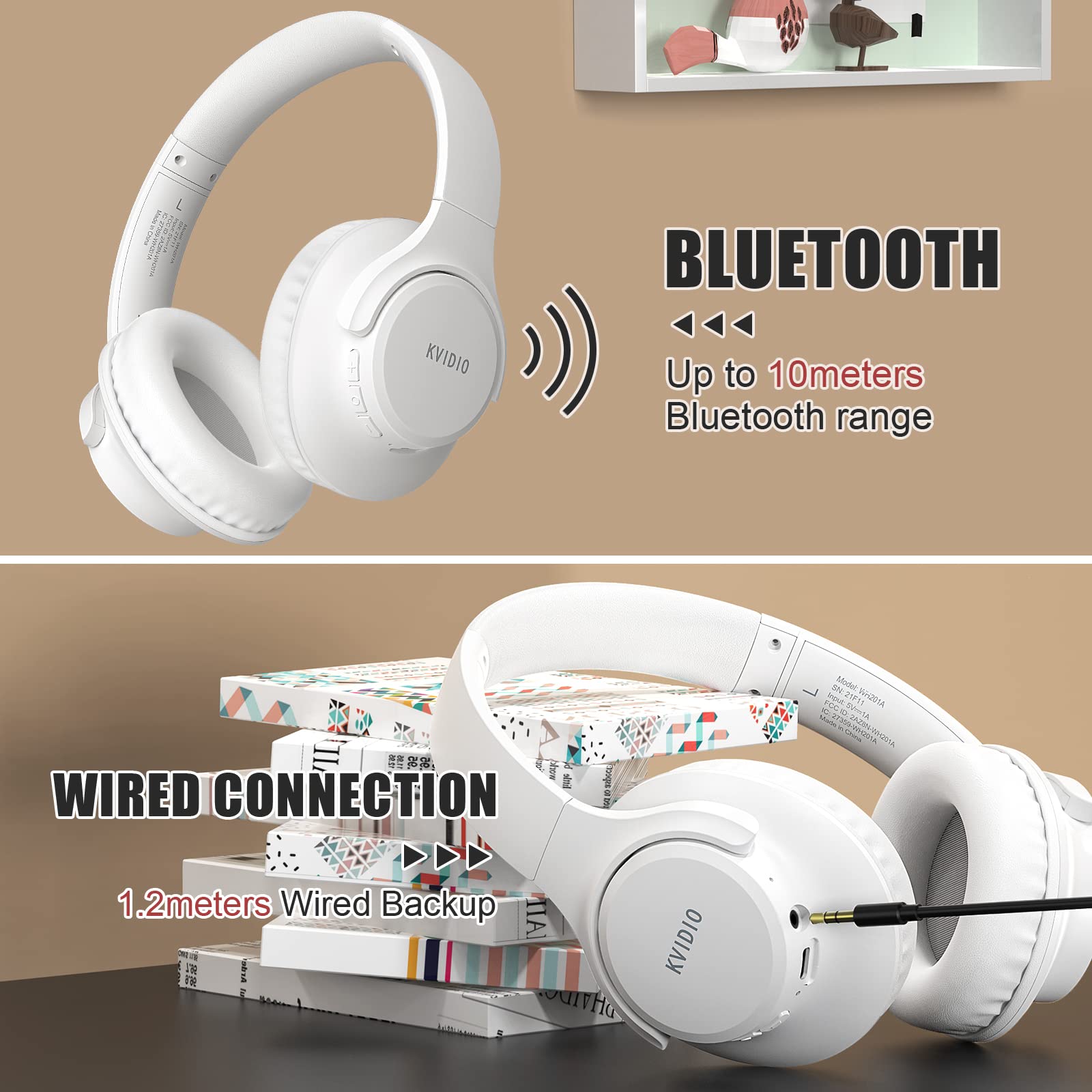 KVIDIO Wireless Bluetooth Over-Ear Headphones with Microphone - 65 Hours Playtime, Foldable Lightweight Design, Deep Bass & HiFi Stereo Sound - Perfect for Travel, Work, Gaming & Phone Calls (White)