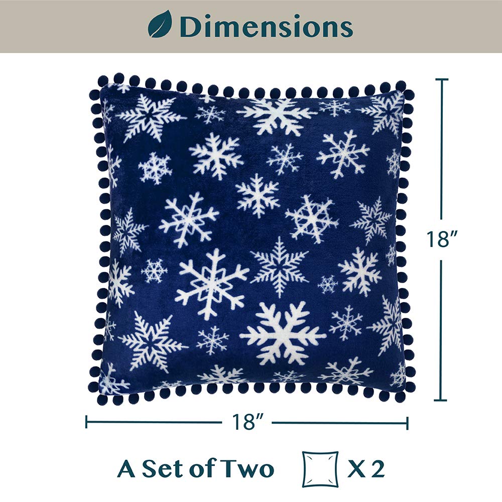 PAVILIA 18x18 Inch Blue Snowflake Throw Pillow Covers Set of 2 - Velvet Plush Pom Pom Decorative Cushion Covers for Sofa, Couch, Bed - Christmas Winter Holiday Home Decor for Living Room, Bedroom