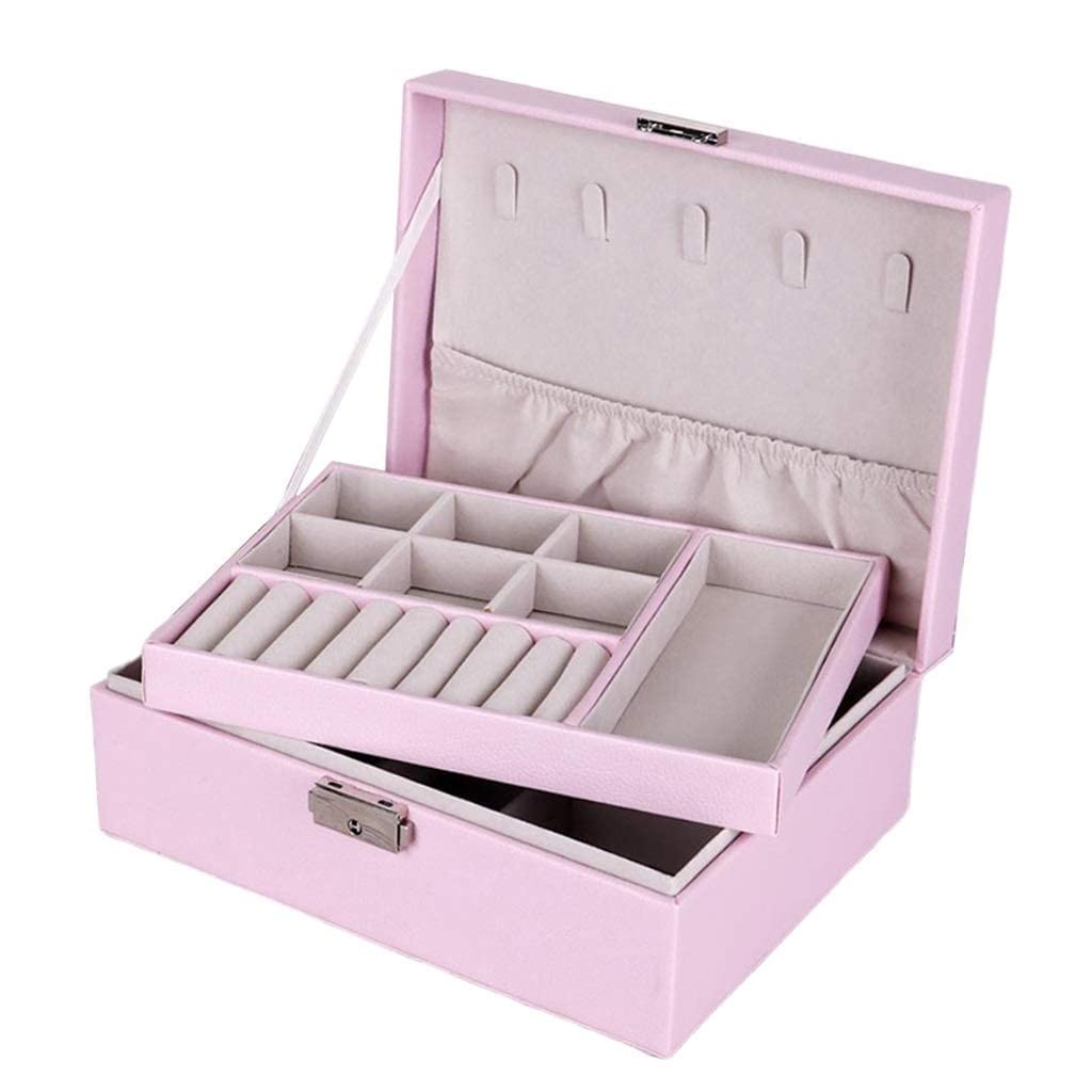 HOSMENDFOE Dual Layer Leather Jewelry Box for Women - Pink Earring & Ring Organizer with Display Case, Perfect for Travel, Gifts, and Home Storage