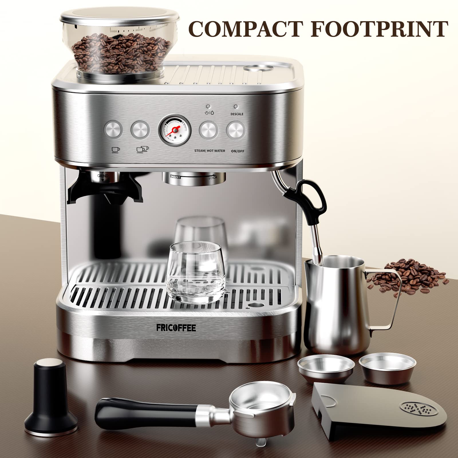 Premium Stainless Steel Semi-Automatic Espresso Machine with Built-in Grinder & Milk Frother - Perfect for Home Baristas & Coffee Lovers - Ideal for Making Espresso, Cappuccino, Latte & More at Home or Office