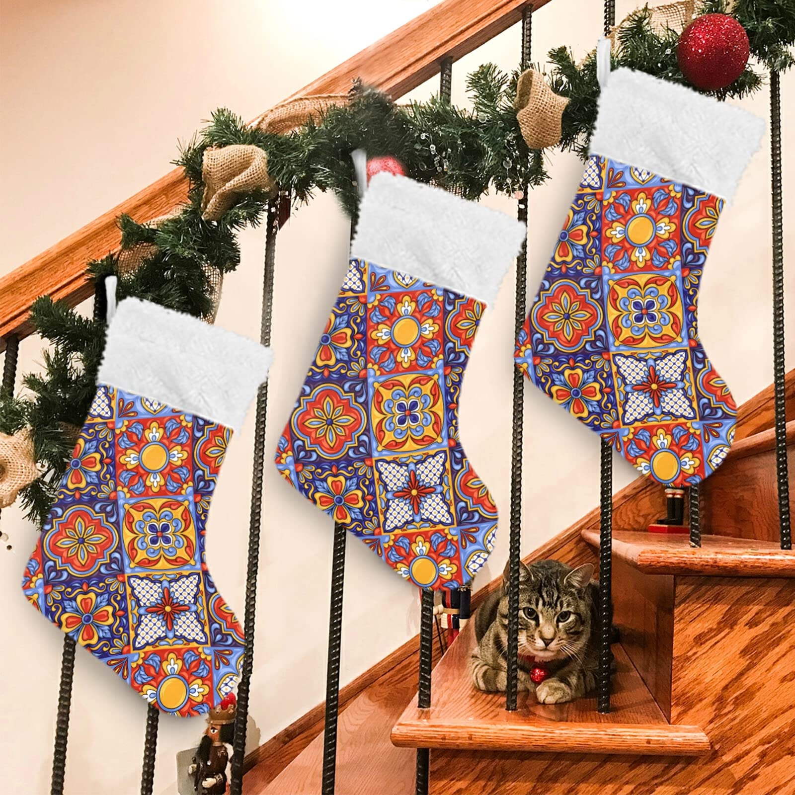 Personalized Mexican Talavera Christmas Stockings - 18 Inch Large Xmas Stockings with Cute Snowflake Design for Holiday Decorations, Family Parties & Christmas Gifts | Perfect for Fireplace Mantel, Tree Decor & Festive Home Decor
