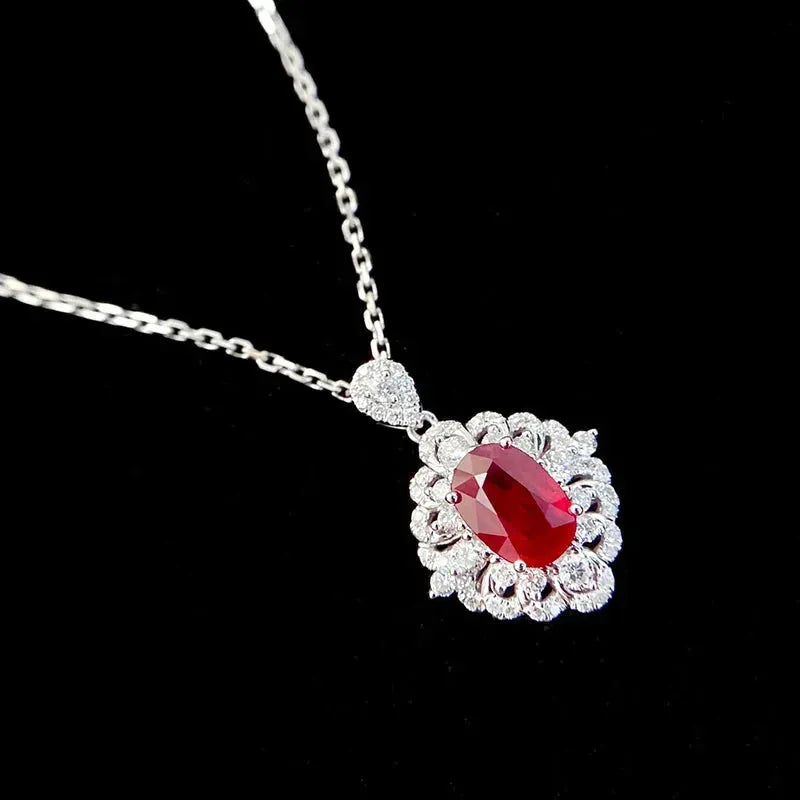 18K White Gold Luxury Necklace with Natural Ruby & Real Diamonds - Elegant Shiny Gemstone Jewelry for Women - Perfect for Weddings, Parties & Special Occasions