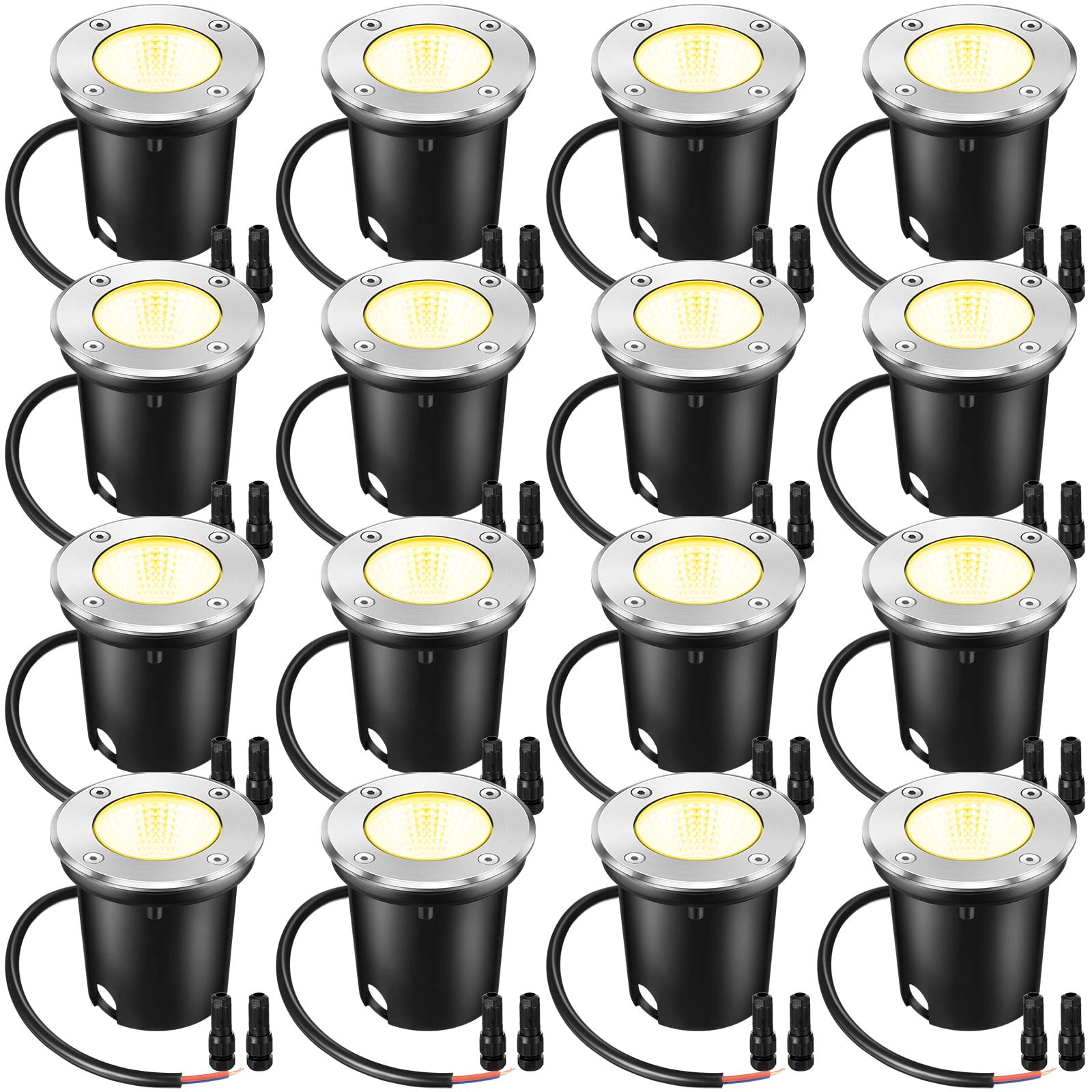 Yahenda 16 Pack 3W LED Well Lights - Low Voltage Waterproof Outdoor Landscape Lighting (12V-24V, Warm White) for Garden, Pathway, Driveway, Patio - Includes 32 Connectors | Perfect for Landscape Illumination, Yard Decor & Nighttime Safety