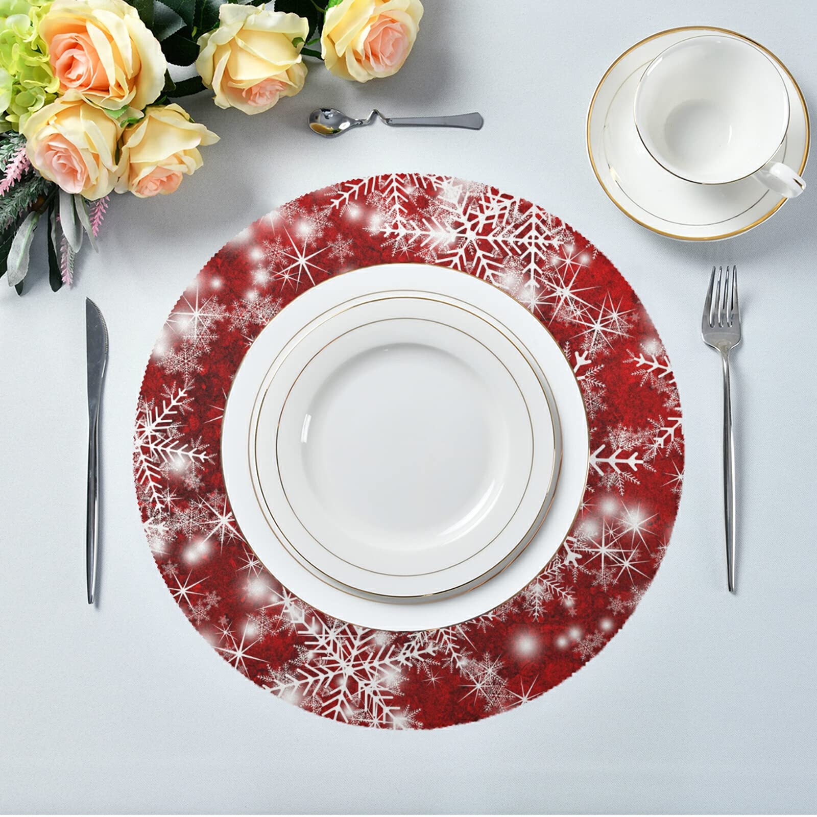 6-Pack Red Round Christmas Placemats with Snowflake Design - Washable Holiday Table Mats for Kitchen Dining, Party Decor & Festive Home Decor