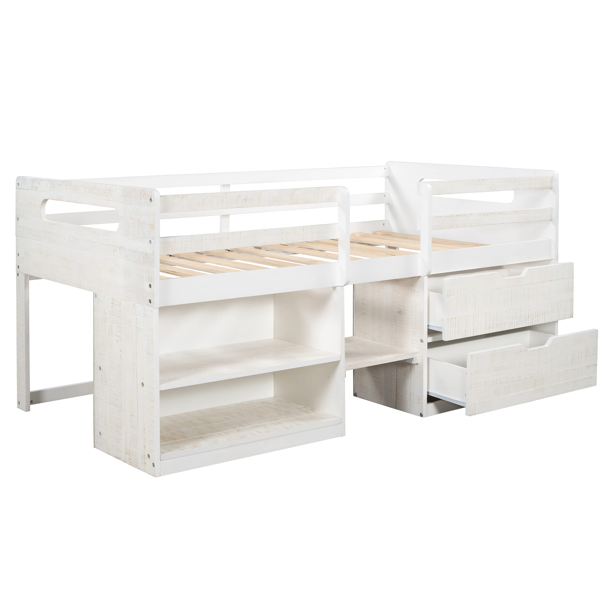 P PURLOVE Twin Loft Bed with 2 Shelves & 2 Drawers - Low Loft Bed Frame for Kids/Teens - No Box Spring Needed - Antique White - Perfect for Small Rooms & Dorm Spaces