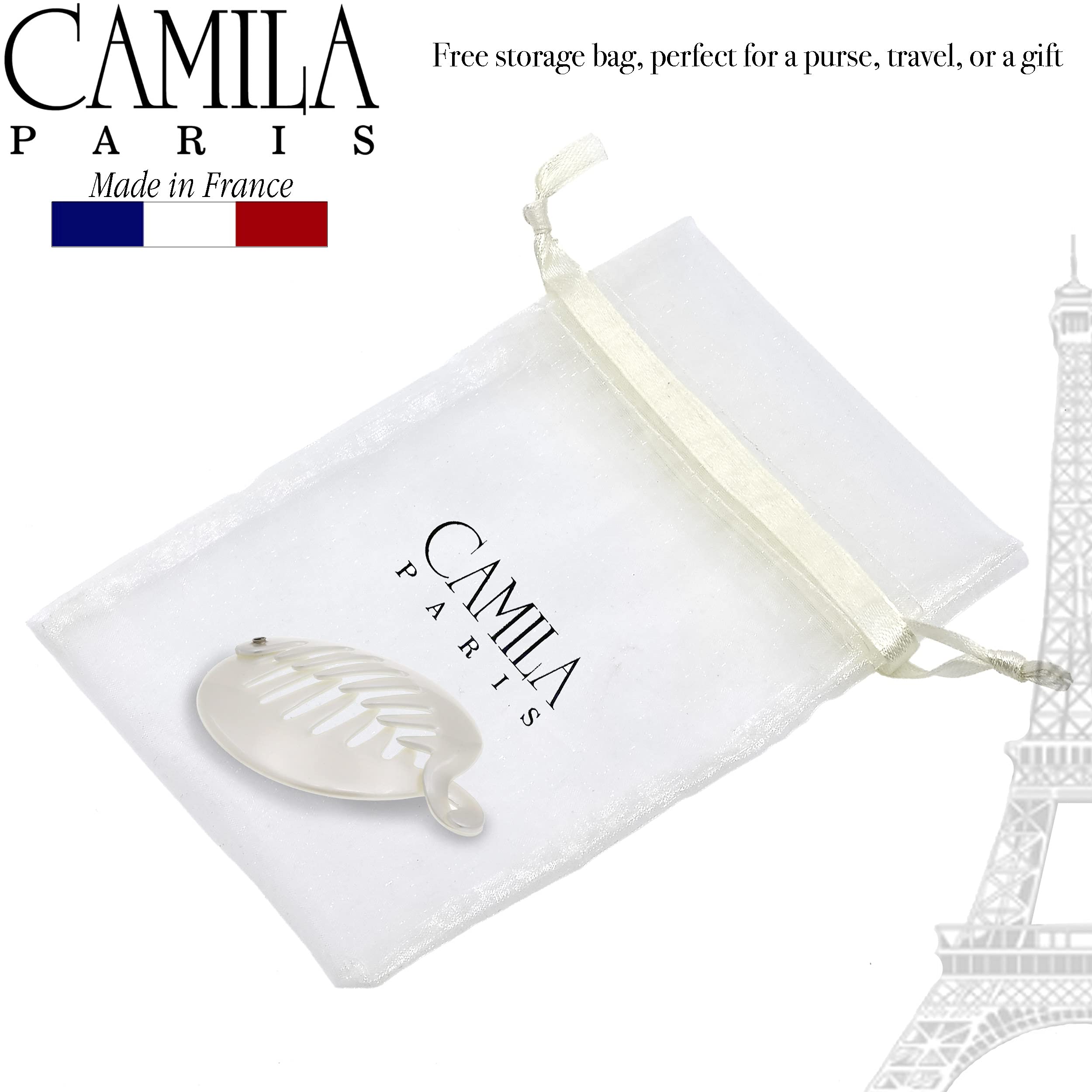 Camila Paris CP3015 French Banana Clip Hair Comb - 3.255 Inch White Round Ponytail Holder for Women & Girls | Volume & Thick Hair Styling Accessory | Made in France | Perfect for Parties, Weddings & Everyday Hairstyles