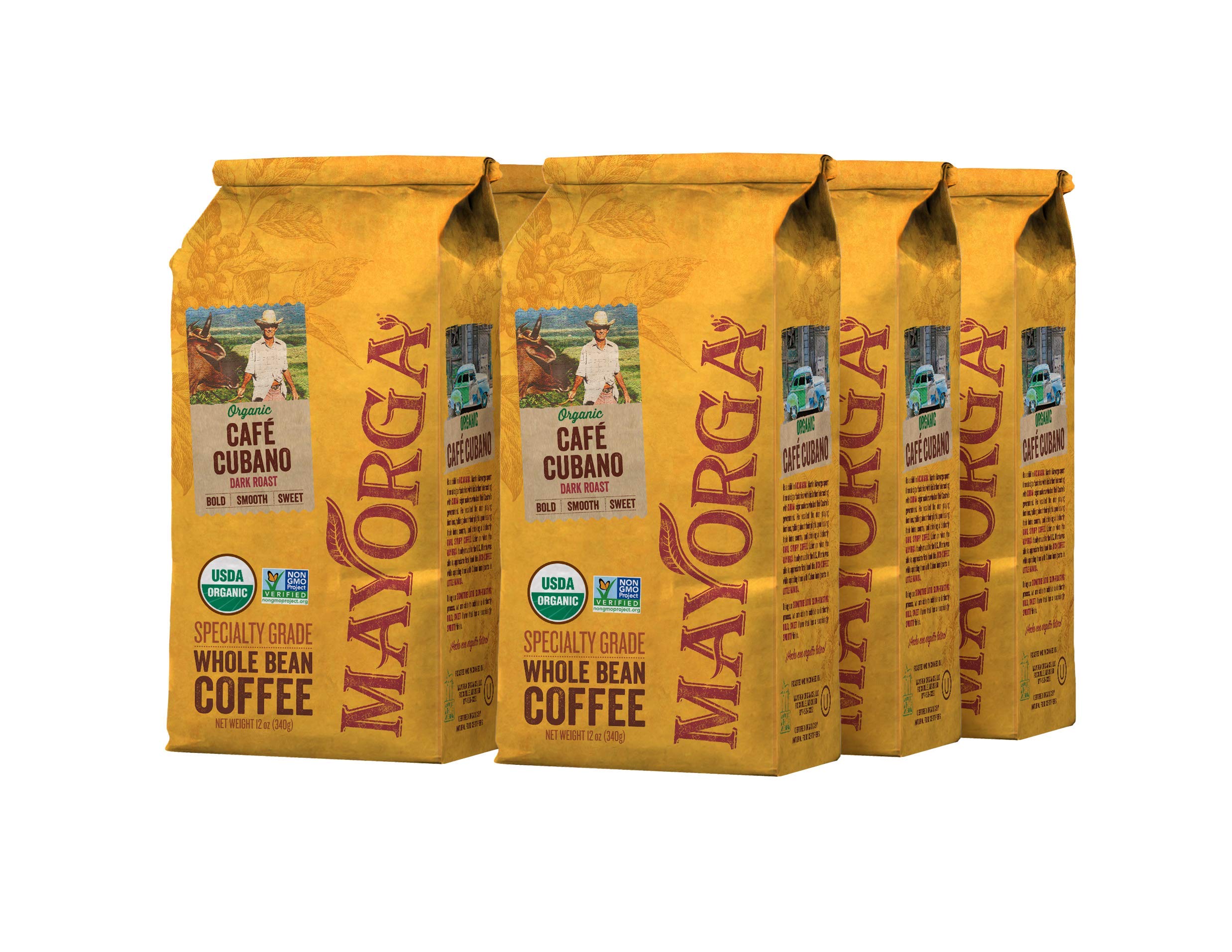 Mayorga Organics Café Cubano Dark Roast Whole Bean Coffee, 12 oz (Pack of 6) - 100% USDA Organic Certified - Perfect for Home Brewing, Office Use & Gifts