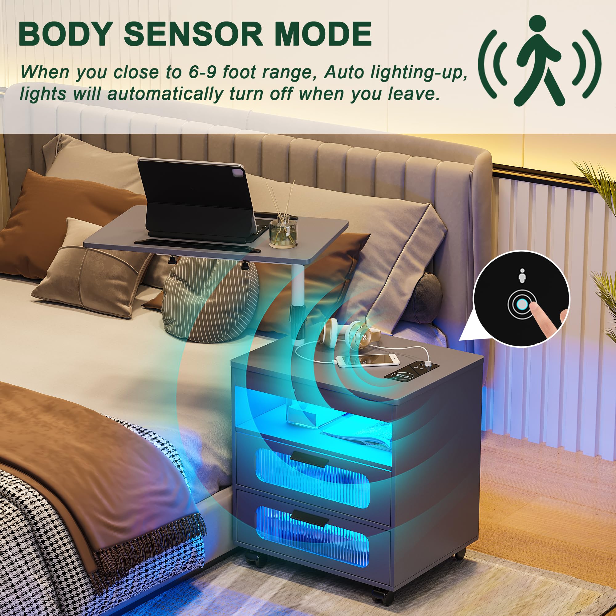 Wireless Charging Nightstand with LED Lights & Adjustable Rotary Workstation - Modern Smart Bedside Table with 2 Drawers, Sensor Light & Wheels for Bedroom (Grey) - Perfect for Charging Devices & Organizing Essentials by Your Bed
