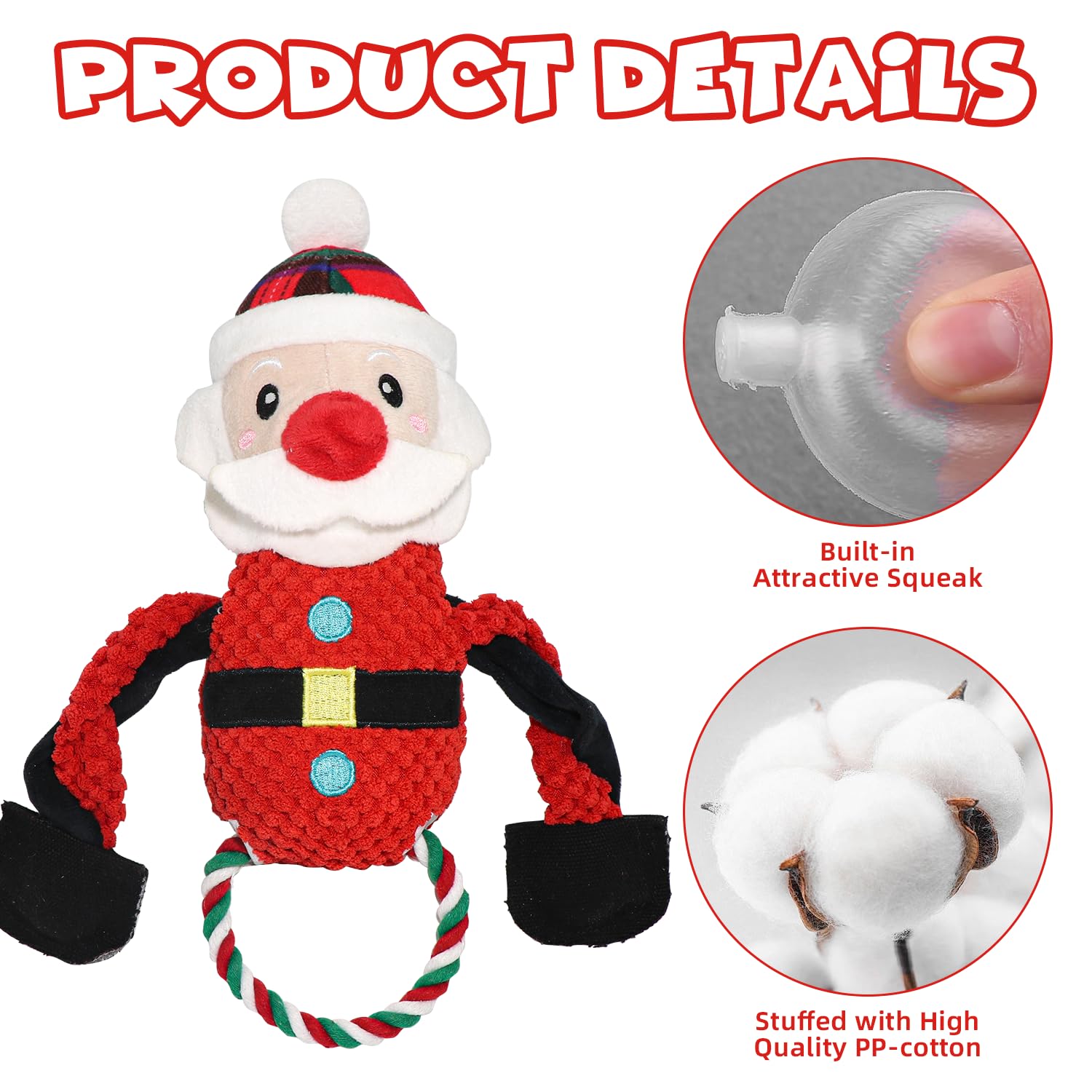 3 Pack Christmas Dog Toys - Squeaky Plush Santa, Reindeer & Snowman Stuffed Toys with Chew Rope | Interactive Pet Toys for Small & Medium Dogs | Perfect Stocking Stuffers & Holiday Gifts for Pets