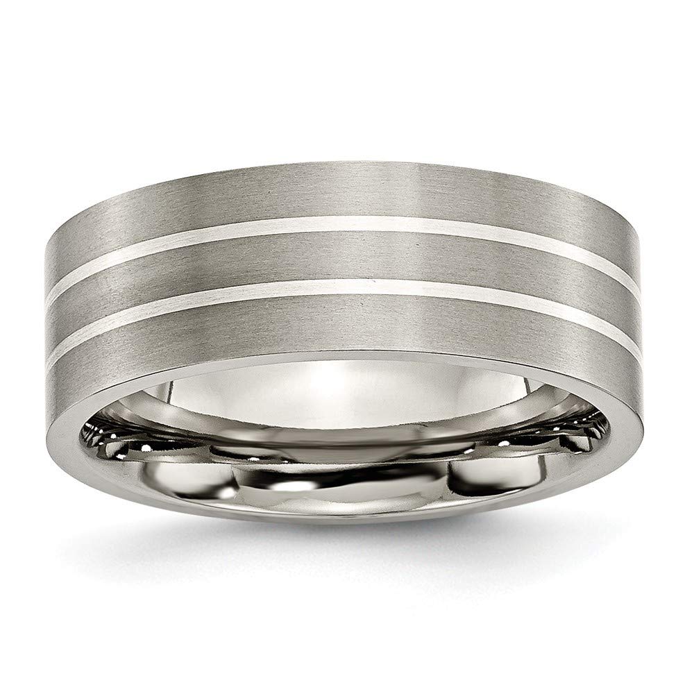 925 Sterling Silver Brushed Flat Band Ring with Titanium Inlay - Engravable 8mm Satin Finish Jewelry Gift for Women - Available in Sizes 6-13 - Perfect for Weddings, Anniversaries & Everyday Wear