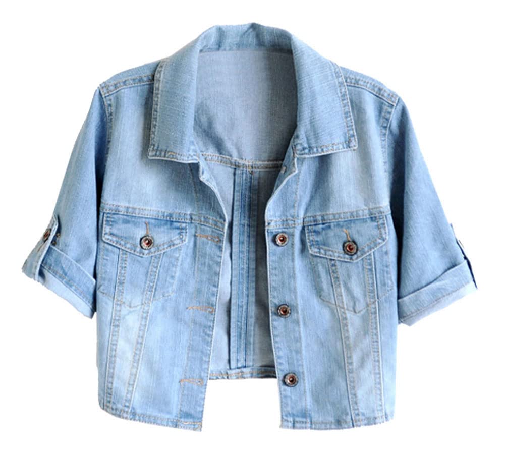 LifeShe Women's 3/4 Sleeve Denim Jacket - Roll-Up Sleeve Cropped Jean Jacket with Waffle Knit Lining | Casual Spring/Fall Outerwear for Street Style & Layering