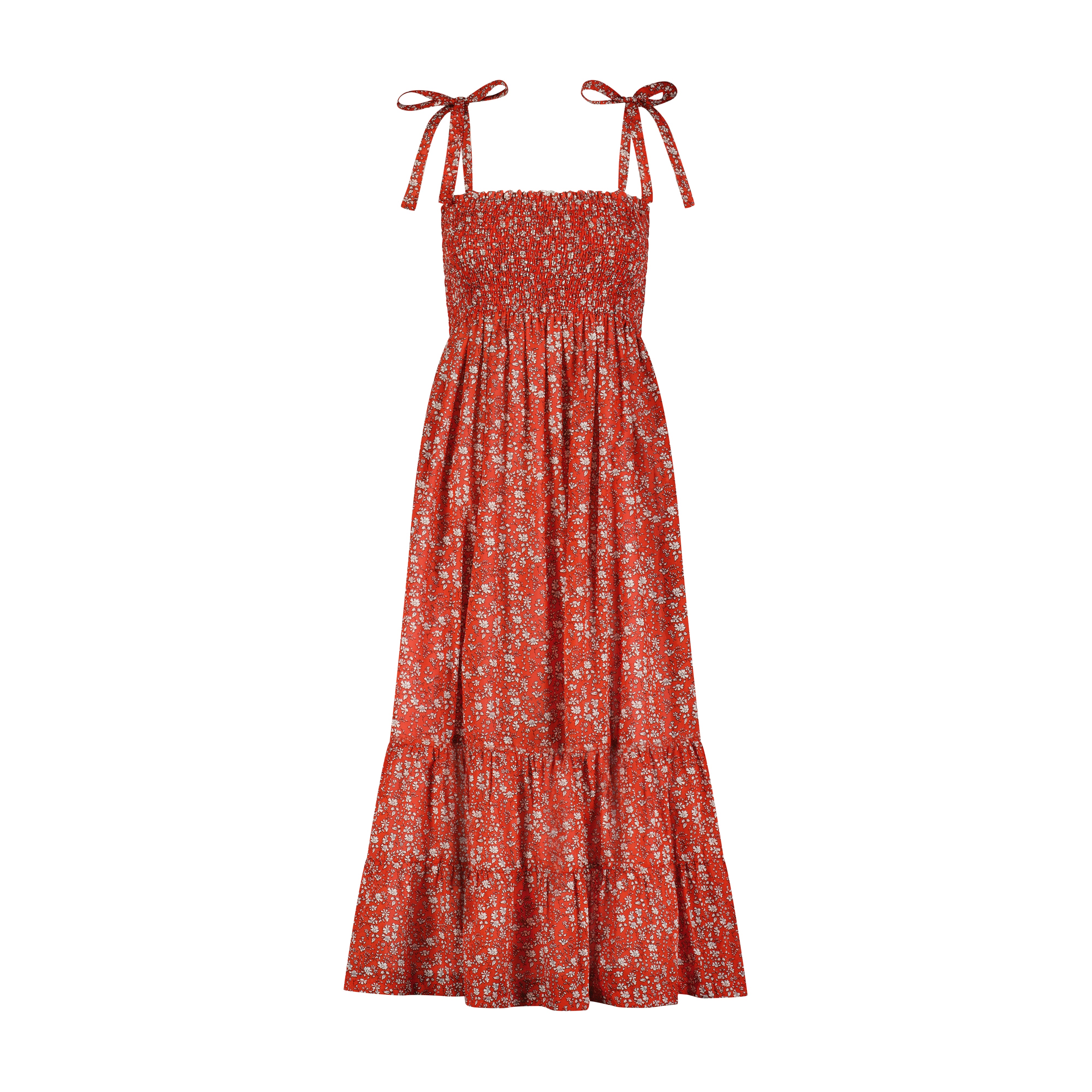 Queen B India Women's Smocked Shoulder Tie Maxi Dress - Red Floral Print Summer Beach Dress for Vacation, Wedding & Party