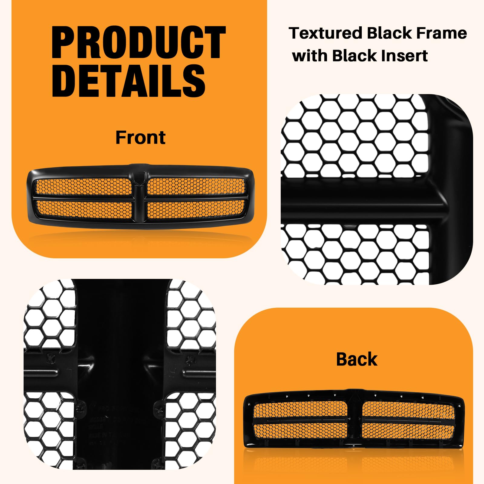 Matte Black Front Grille Assembly with Honeycomb Insert for Dodge Ram 1500/2500/3500 (1999-2002) - Compatible with Standard, Extended & Crew Cab Models - Upgrade Your Truck's Style for Off-Roading & Daily Driving