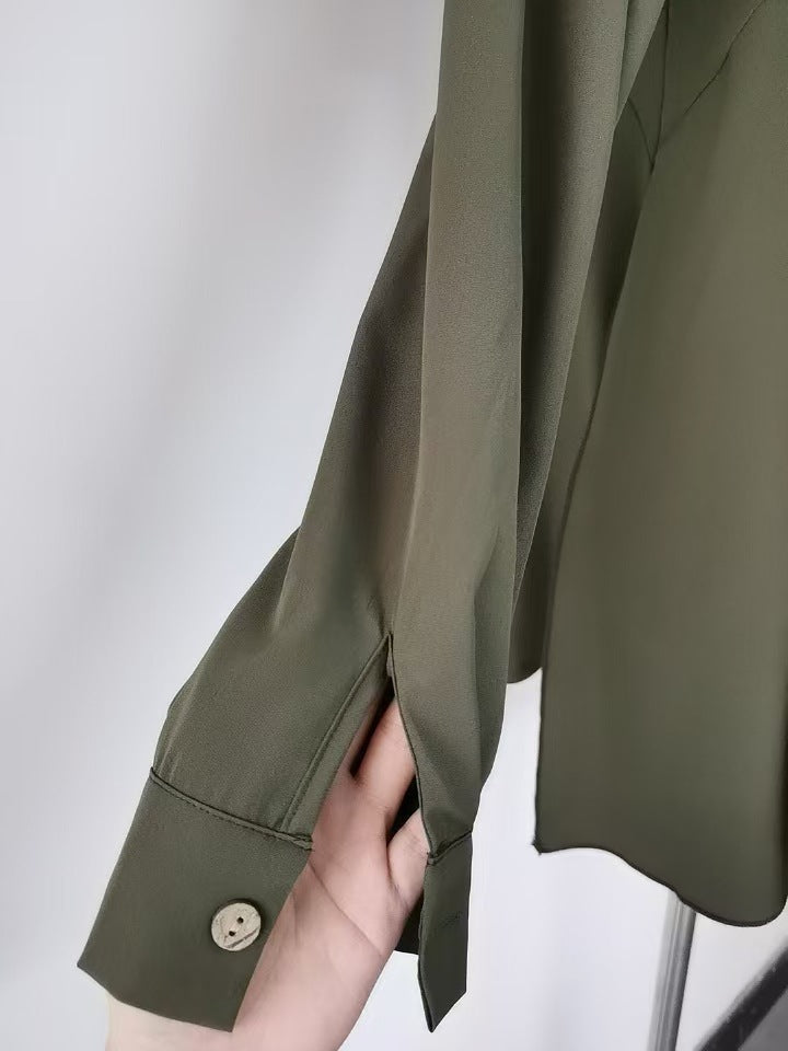 Women's Ruffled Crewneck Solid Color Loose Long Sleeve Blouse - Casual Office Wear & Spring Layering Essential
