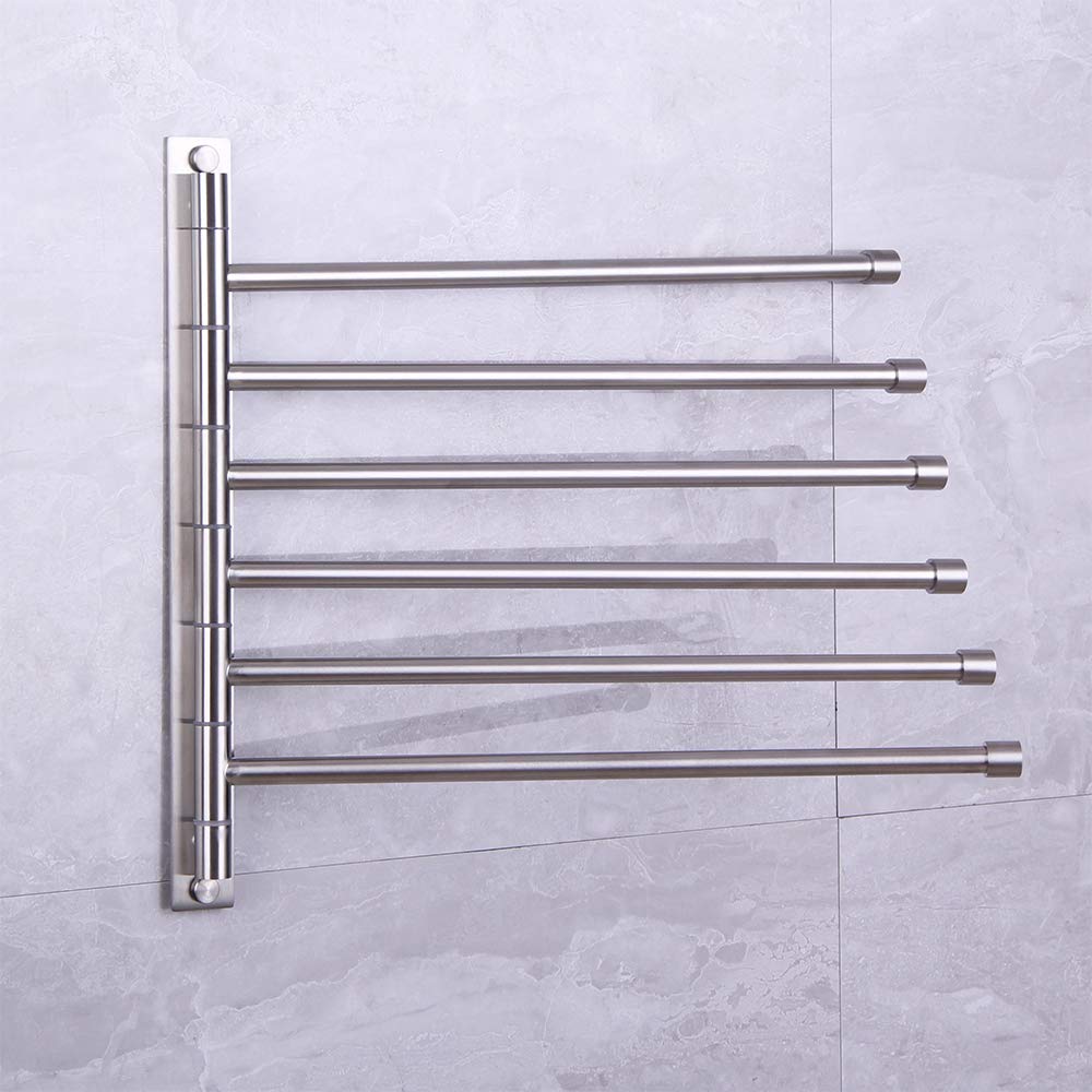 Stainless Steel Swing Out Towel Bar - 6-Arm Folding Towel Rack with Swivel Hanger, Wall Mount Bathroom Organizer for Hand & Kitchen Towels | Polished Finish for Modern Homes (Ideal for Small Spaces & Spa-Style Bathrooms)