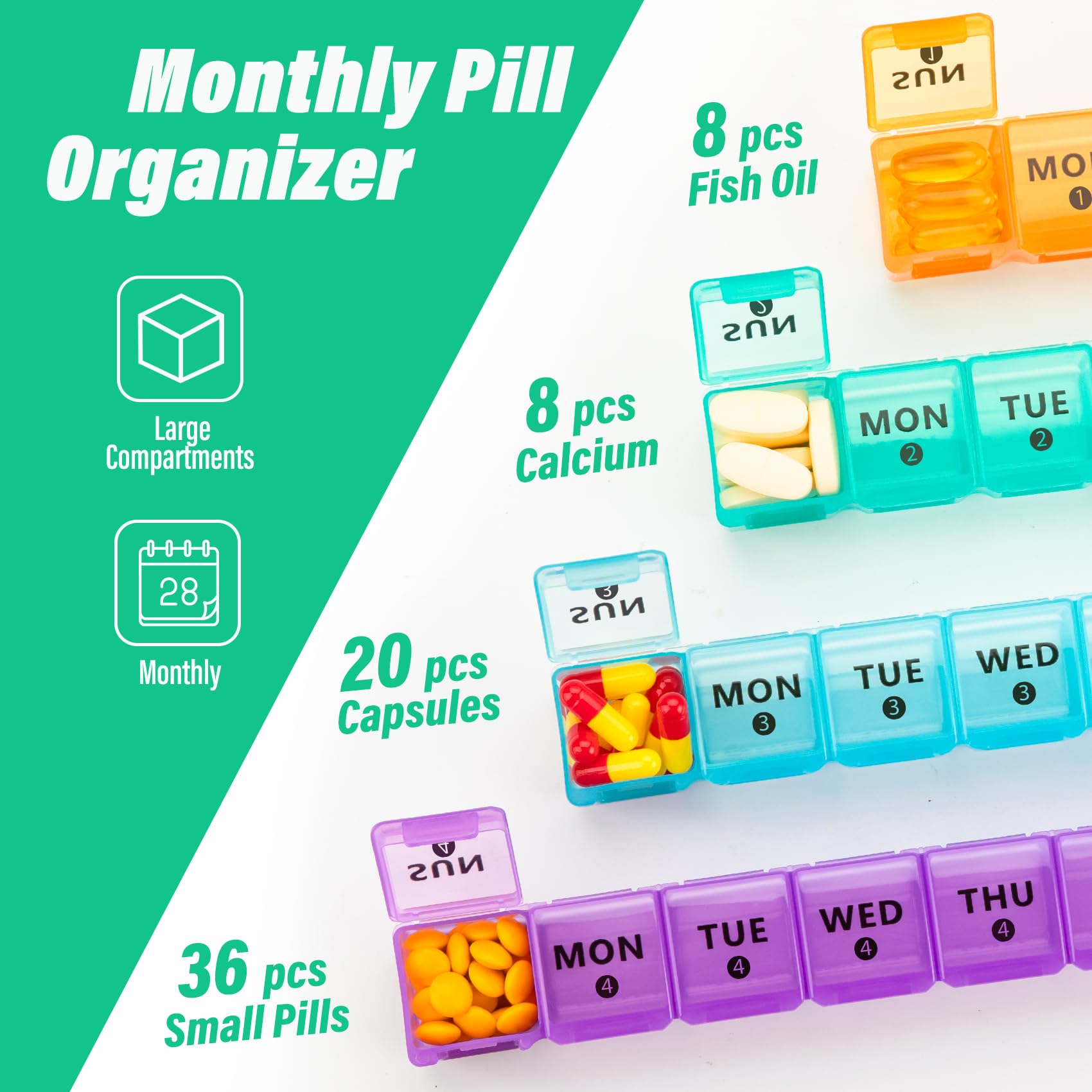 XL Large Monthly Pill Organizer 4 Weeks (28 Days) - Weekly Medicine Dispenser with Big Compartments & Travel Case - 7 Day Pill Box for 4 Times Daily - Perfect for Vitamins, Fish Oil & Medication - Ideal for Travel, Home & Elderly Care
