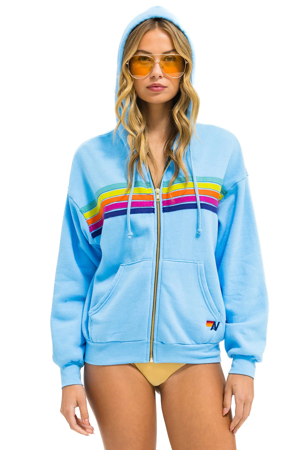 Aviator Nation 5 Stripe Relaxed Zip Hoodie - Sky Blue & Rainbow Stripes | Casual Streetwear for Men & Women | Perfect for Outdoor Activities & Everyday Wear
