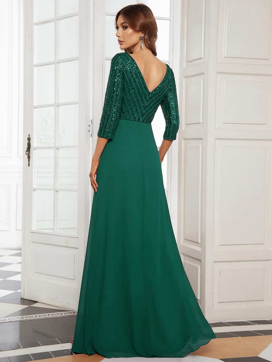 Ever-Pretty Women's Elegant V-Neck Long Sleeve Sequin Maxi Evening Dress - Formal Chiffon Gown for Prom, Wedding & Special Occasions