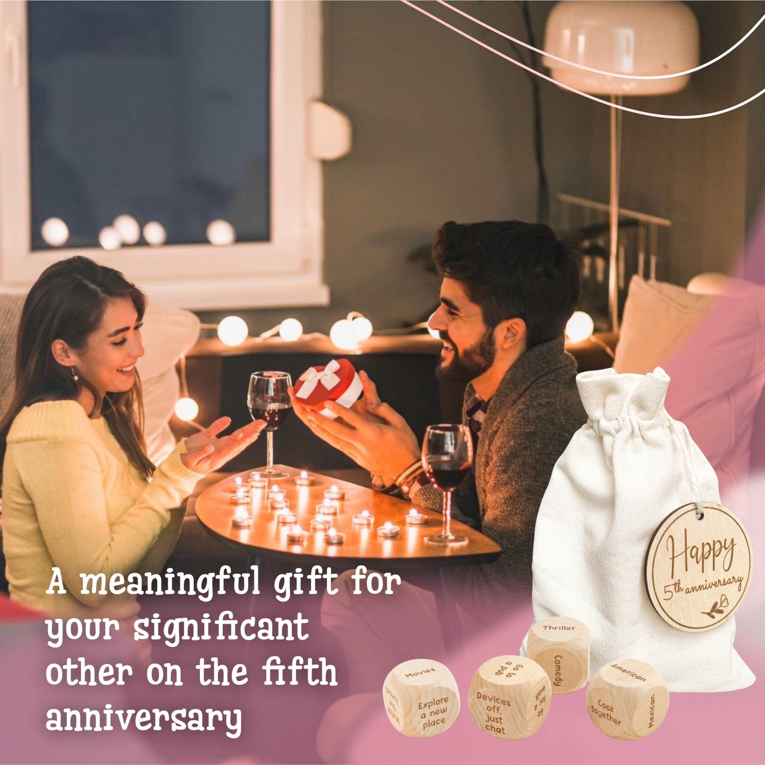5th Anniversary Wooden Gift Set for Couples - Romantic Wedding Gifts for Him & Her, 5 Year Marriage Keepsake with Date Night Dice - Perfect for Anniversaries, Valentine's Day & Romantic Evenings at Home