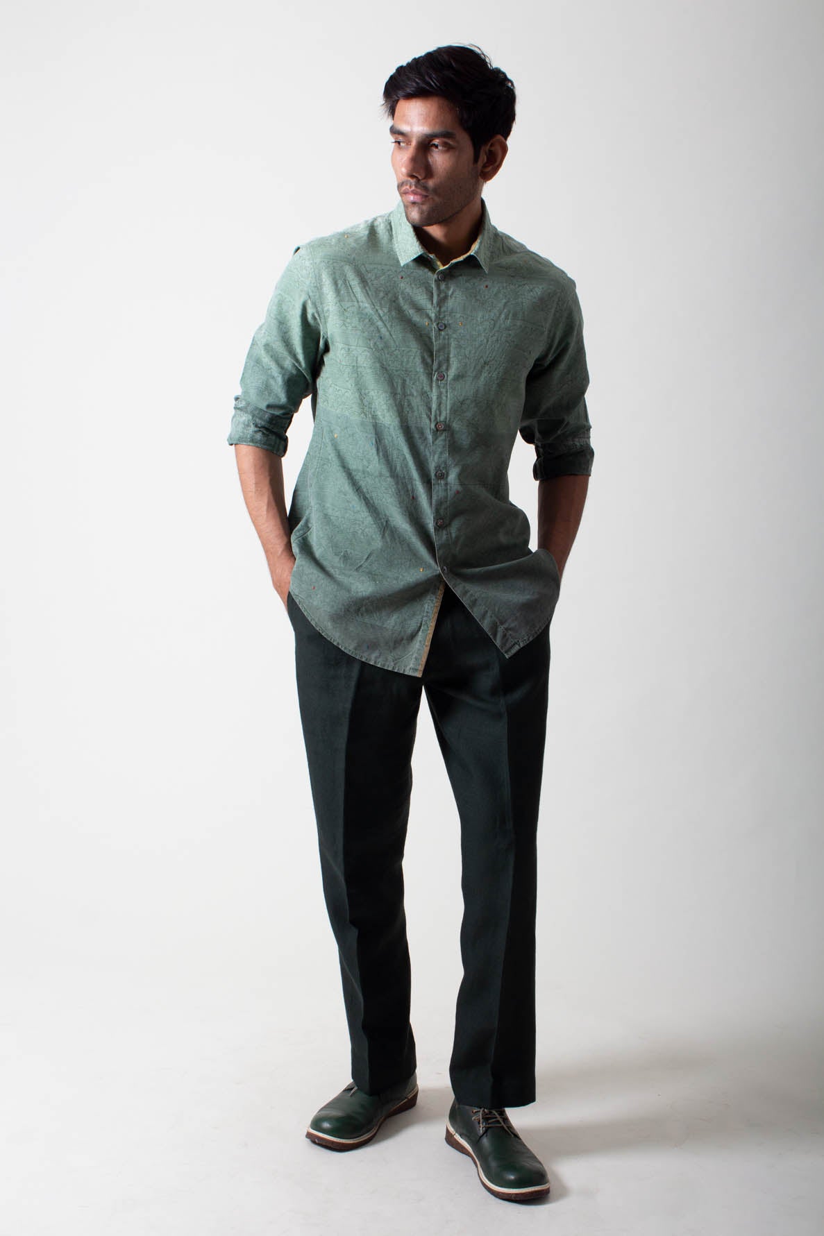 Handmade Classic Cotton Shirt - Handspun & Handwoven Sage Ombre for Casual Wear & Boho Style Outfits
