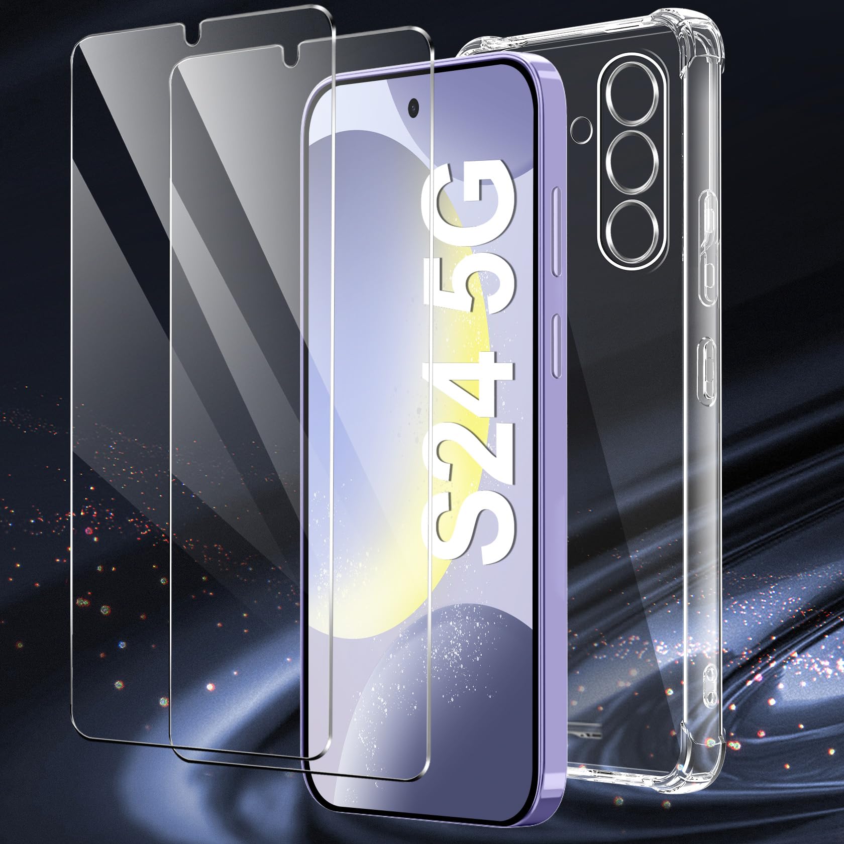 FLLAO Shockproof Case Compatible with Samsung Galaxy S24 5G with 2-Pack Tempered Glass Screen Protectors - Slim Flexible TPU Silicone Bumper Case with Reinforced Corners, Clear (Perfect for Daily Use, Work & Travel Protection)