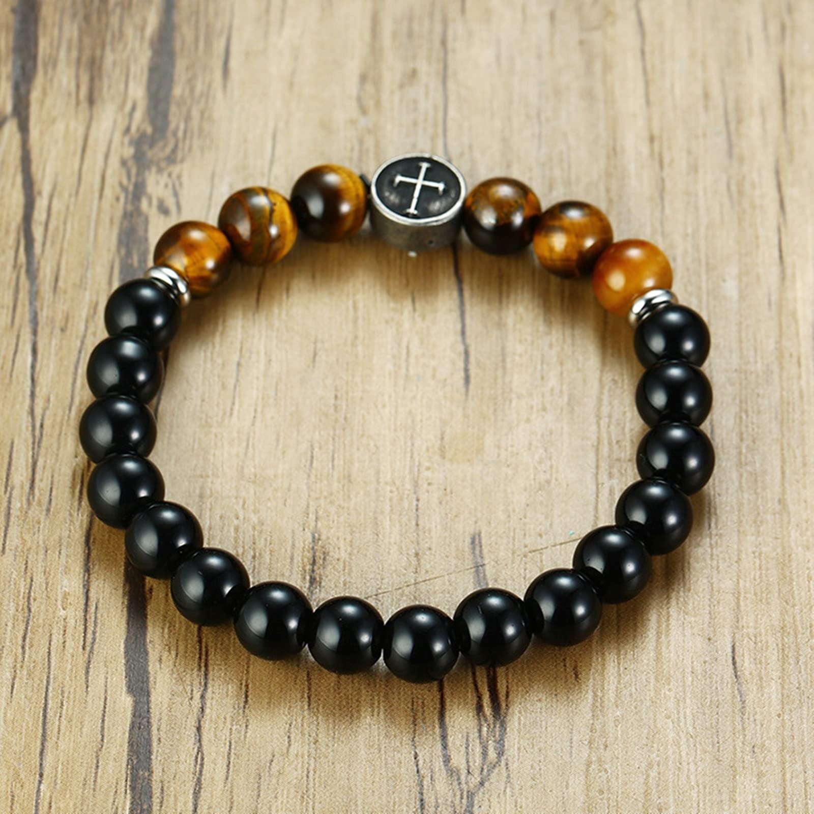 Men's Beaded Bracelet - Black Tiger Eye & Agate Stone Beads with Stainless Steel Clasp - Adjustable 16.5cm Ankle or Wrist Bracelet for Men - Perfect for Casual Wear, Gifts & Spiritual Protection