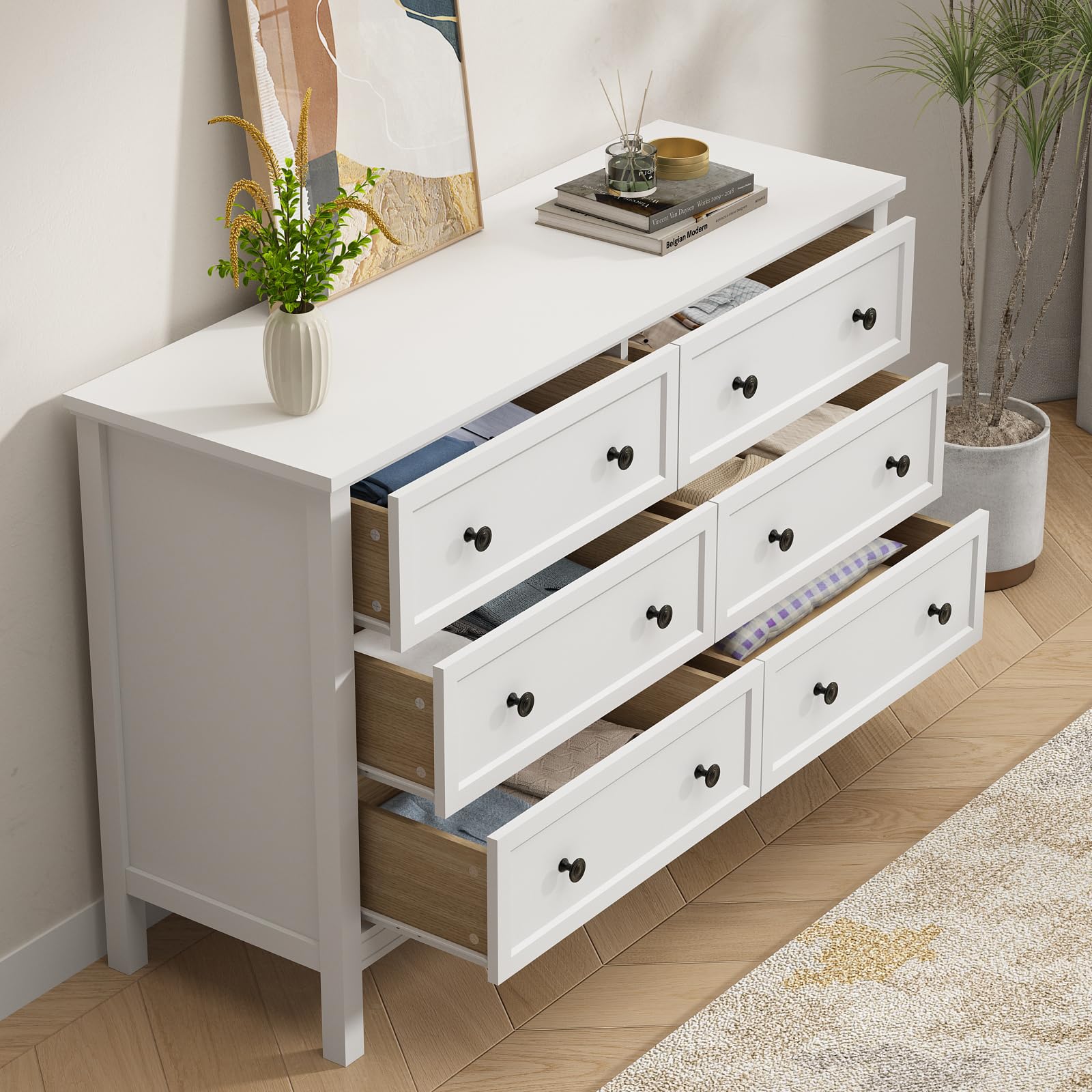 White 6-Drawer Dresser for Bedroom - Solid Wood Chest with Wide Drawers & Metal Handles - Modern Storage Cabinet for Hallway, Entryway, Closet Organization - Perfect for Bedroom Furniture, Home Decor & Small Space Storage Solutions