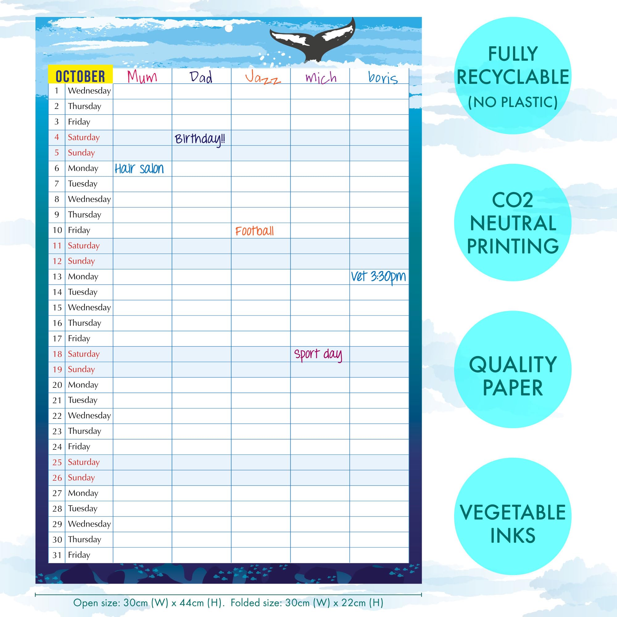 2025 Family Calendar - 5-Column Monthly Planner | Eco-Friendly CO2 Neutral Printing with Vegetable Ink | Fully Recyclable | Perfect for Home Organization & Family Scheduling