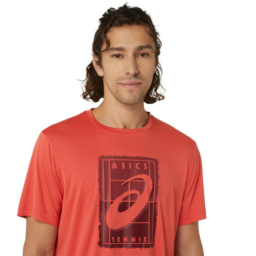 ASICS Men's Court GS Graphic Tee Top - Breathable Cotton Short Sleeve Tennis Shirt for Men (Red) - Perfect for Casual Wear, Gym Workouts & Tennis Matches