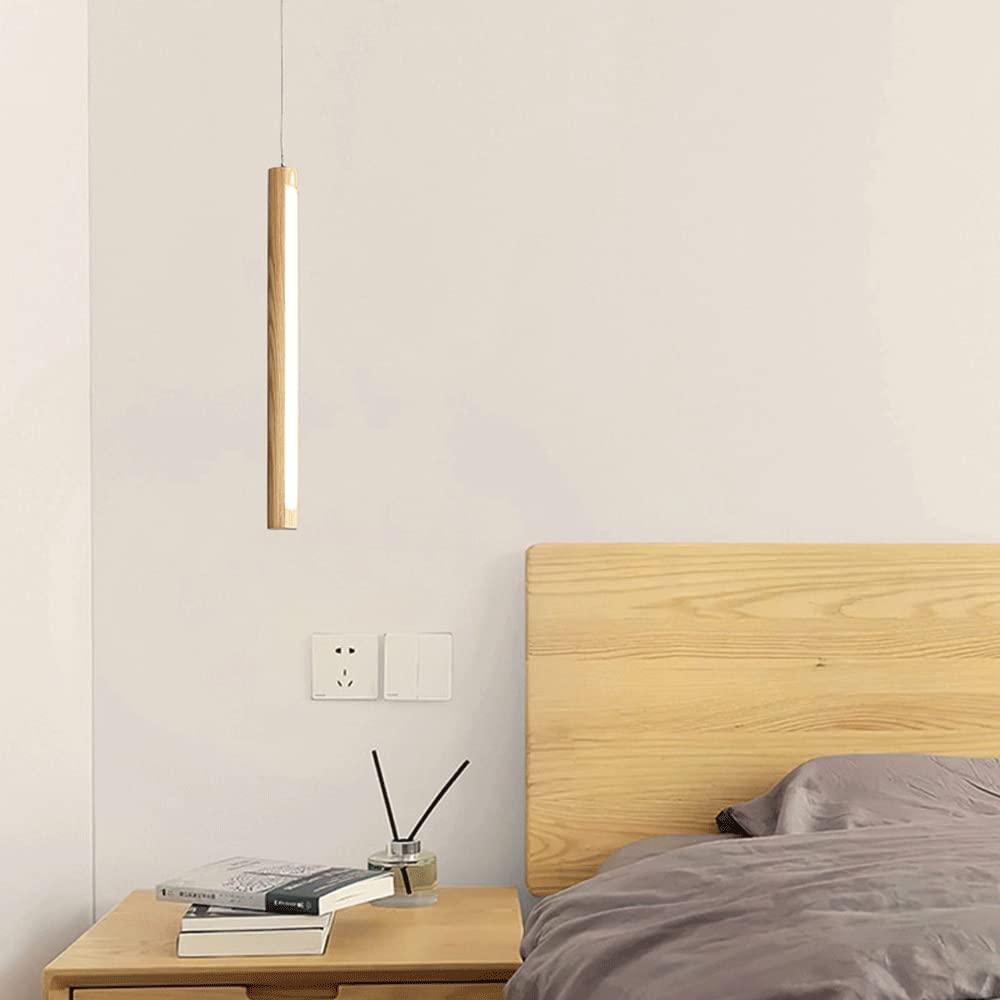 Modern Wooden LED Pendant Light - 8W Long Hanging Cylindrical Chandelier for Kitchen Island, Dining Room & Counter Decor | Energy-Efficient Suspension Lighting Fixture for Home & Shop