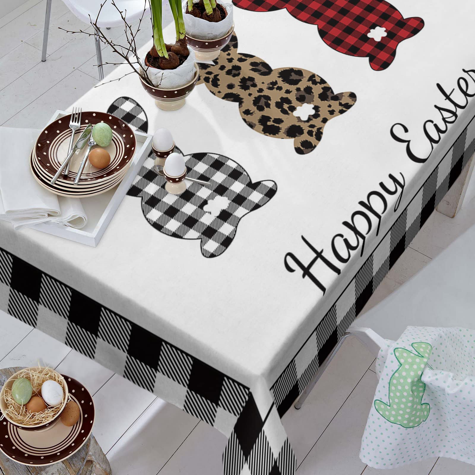 Easter Bunny Tablecloth - Black and White Buffalo Plaid Waterproof Table Cover for Kitchen, Dining Room, Party, Hotel Banquet (52x70 Inches) - Spring Rabbit Grid Leopard Decor for Easter Celebrations, Holiday Gatherings & Home Decor